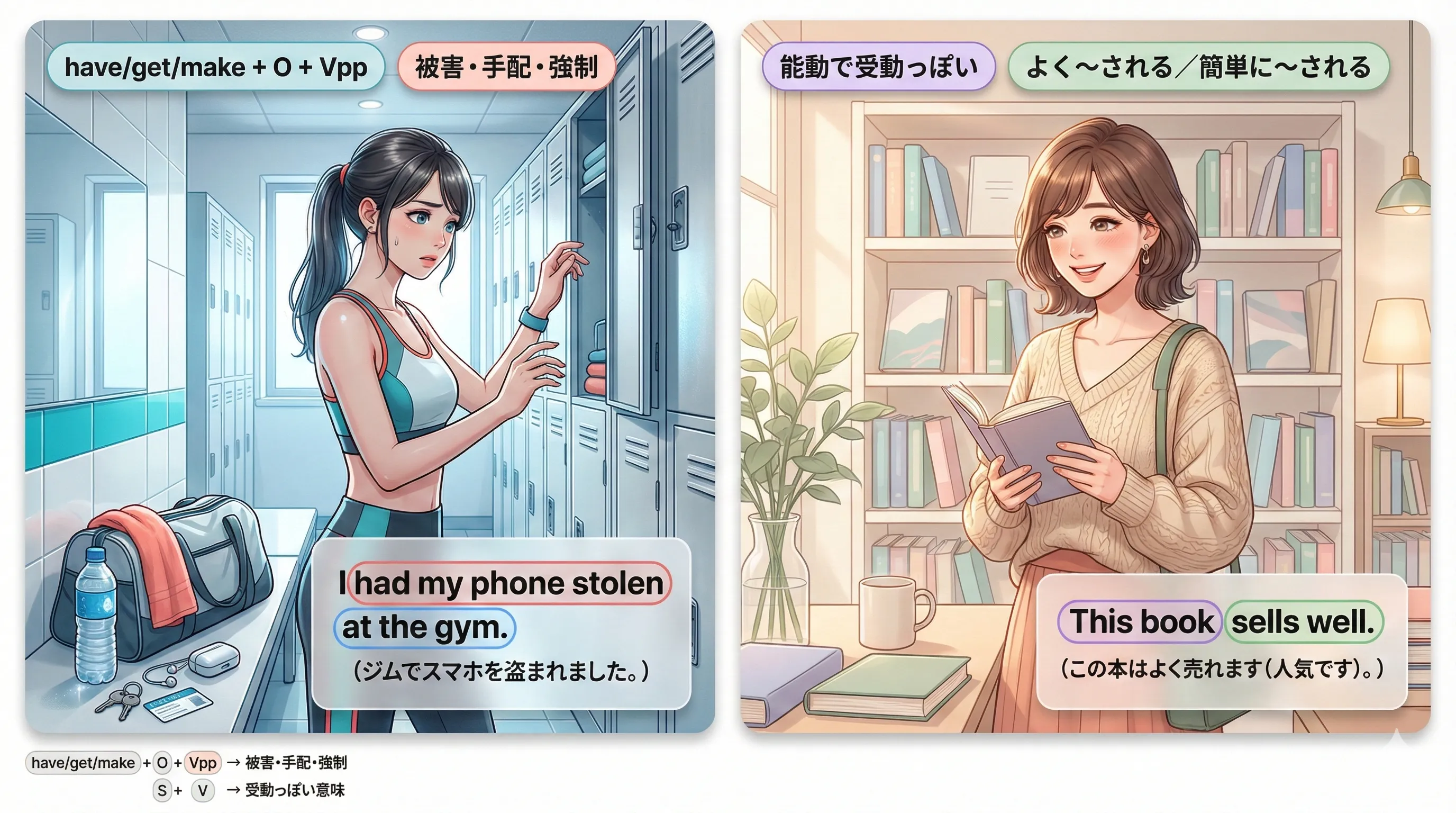 その他の受動表現：have/get/make + 目的語 + 過去分詞 や、能動態で受け身っぽく伝える表現を整理