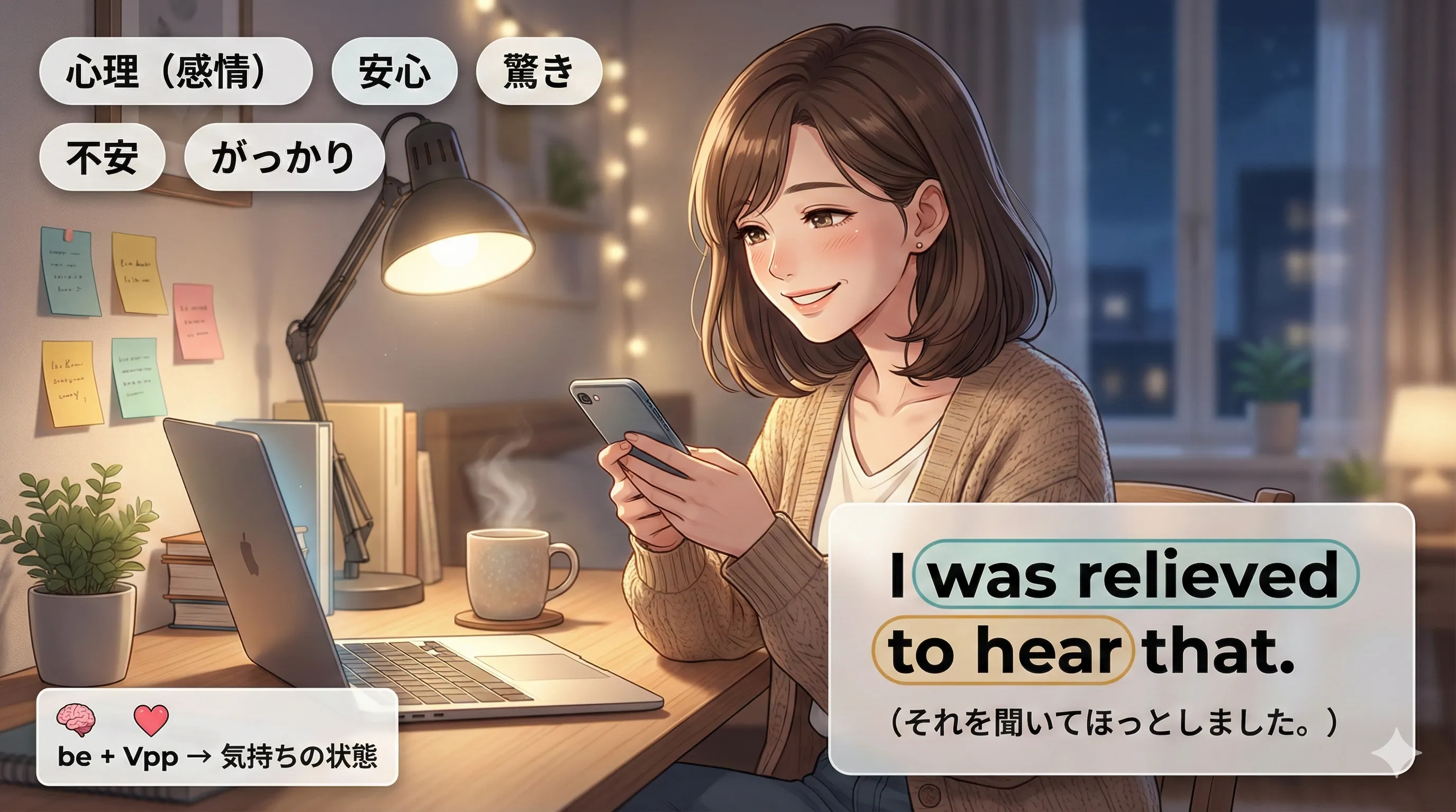 心理を表す受動態：be + 過去分詞（surprised / worried など）で気持ちを表すイメージ