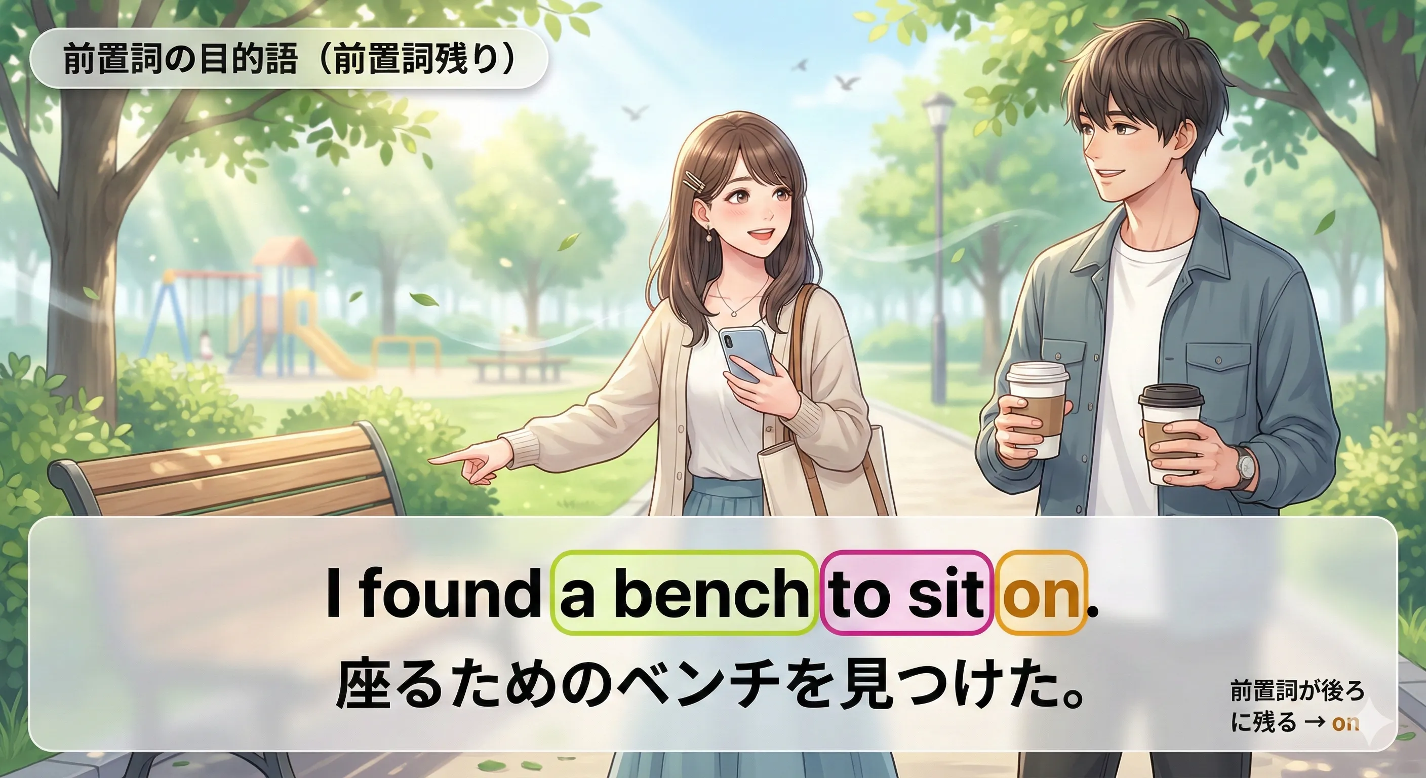 不定詞の形容詞的用法：前置詞が後ろに残る（前置詞残り）イメージ図