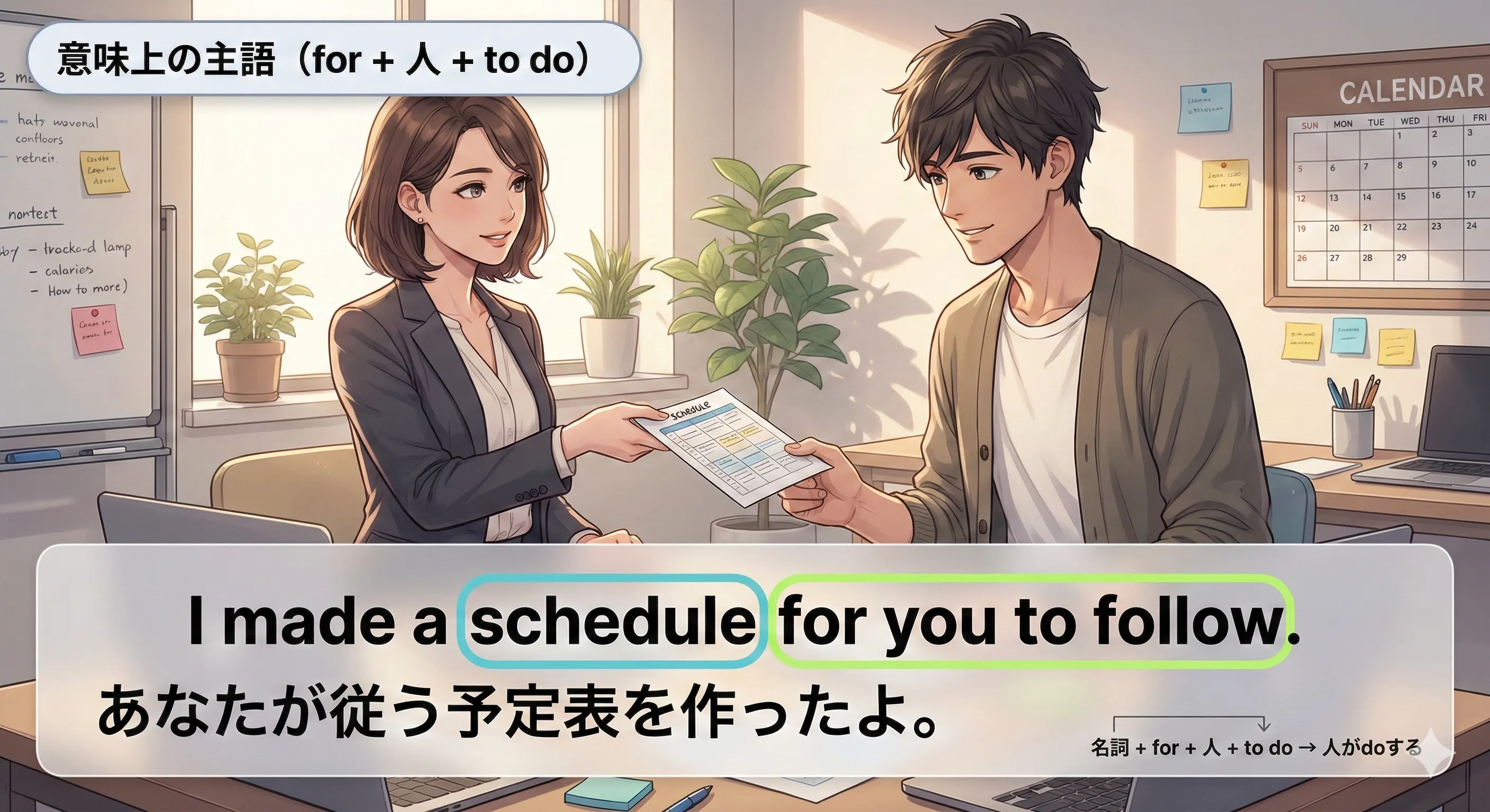 不定詞の形容詞的用法：名詞が意味上の主語（だれがする？）になるイメージ