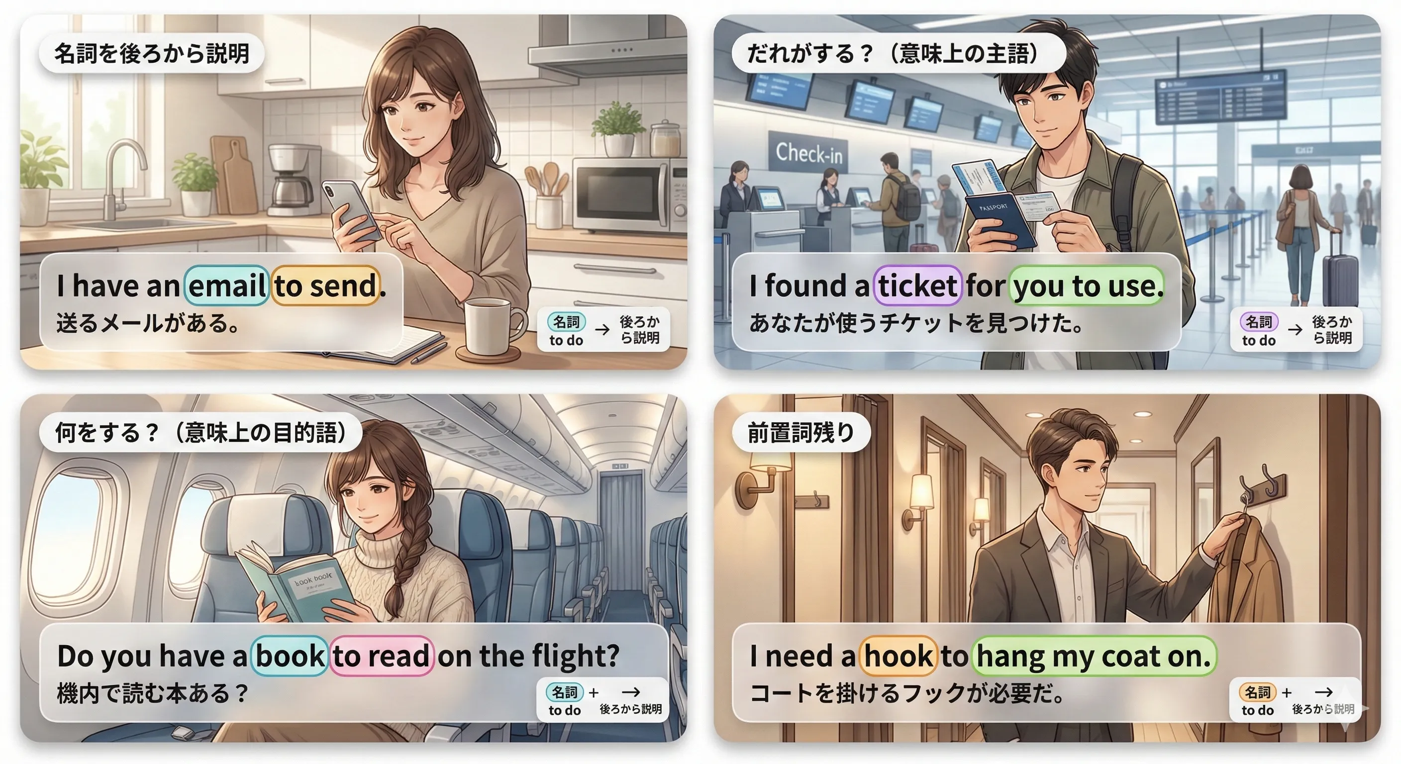 不定詞の形容詞的用法：a book to read のように名詞を後ろから説明するイメージ