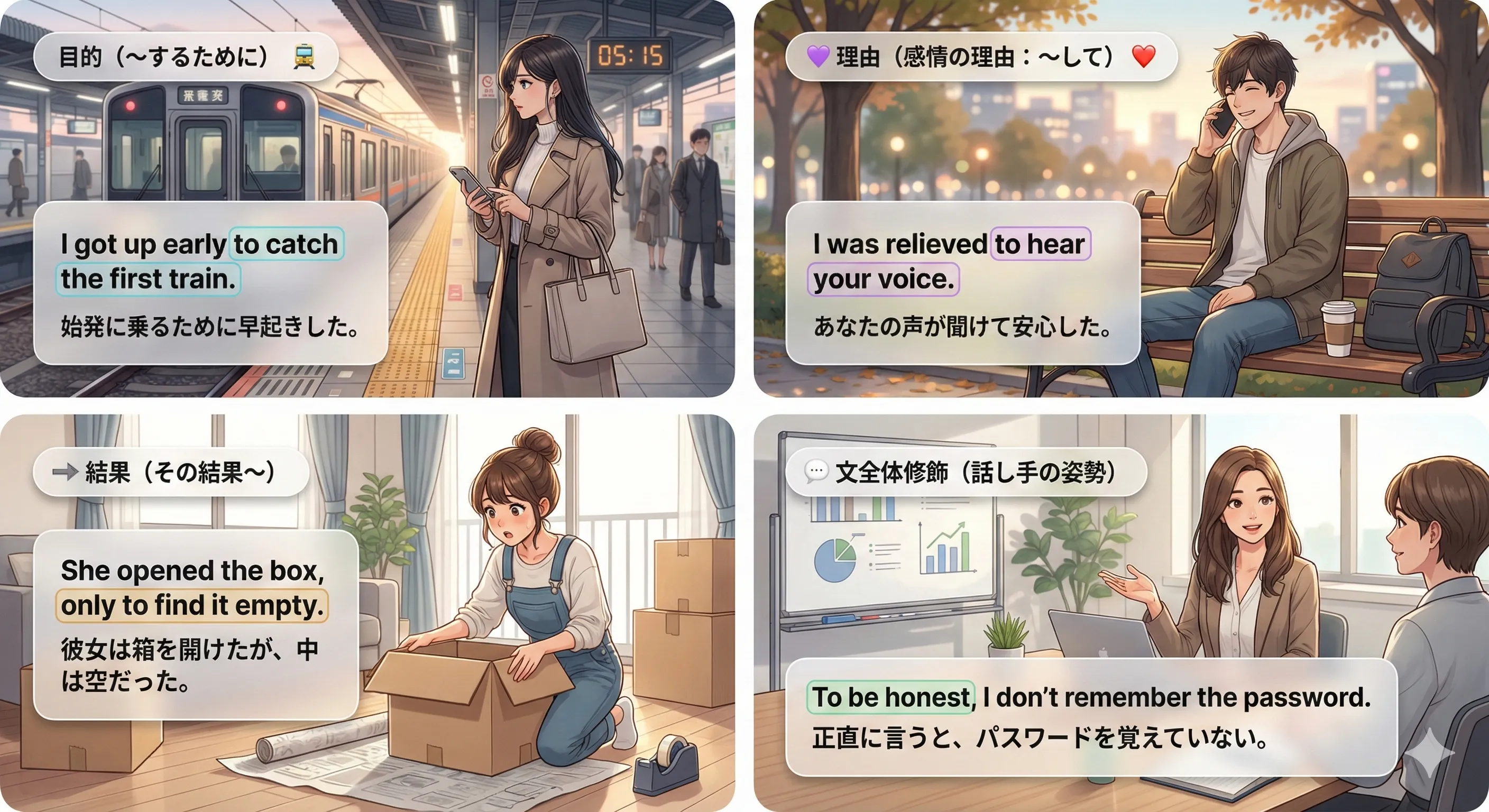 不定詞の副詞的用法の全体像：目的・理由・結果などを to do で説明する