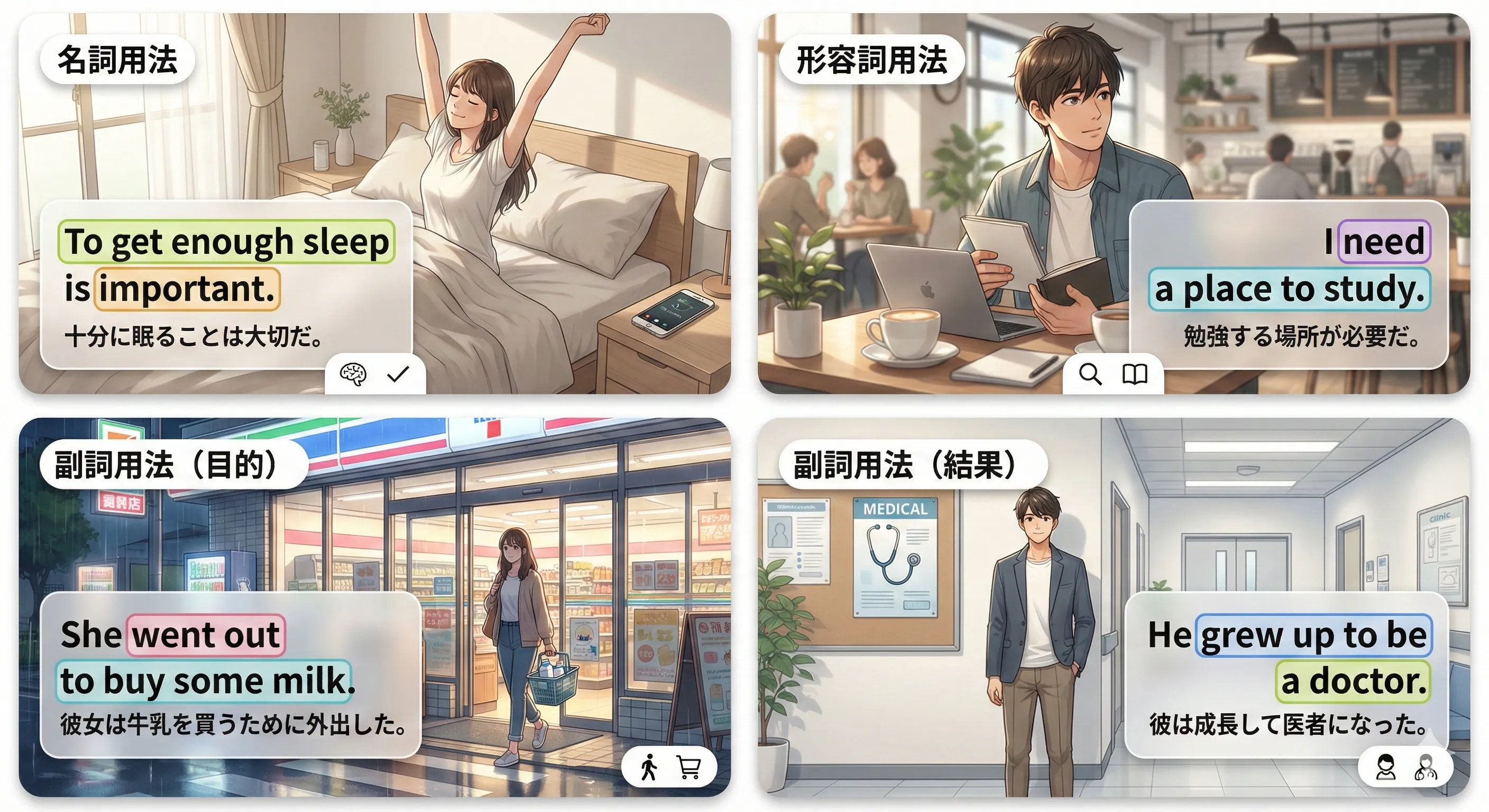 不定詞の全体像：to不定詞（名詞・形容詞・副詞）と原形不定詞（助動詞・使役・知覚）のまとめ図