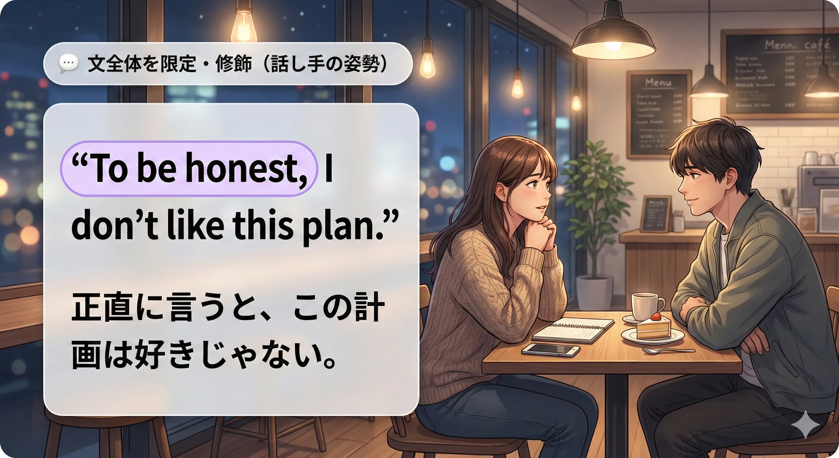 文全体を限定・修飾する不定詞（To be honest, など）のイメージ