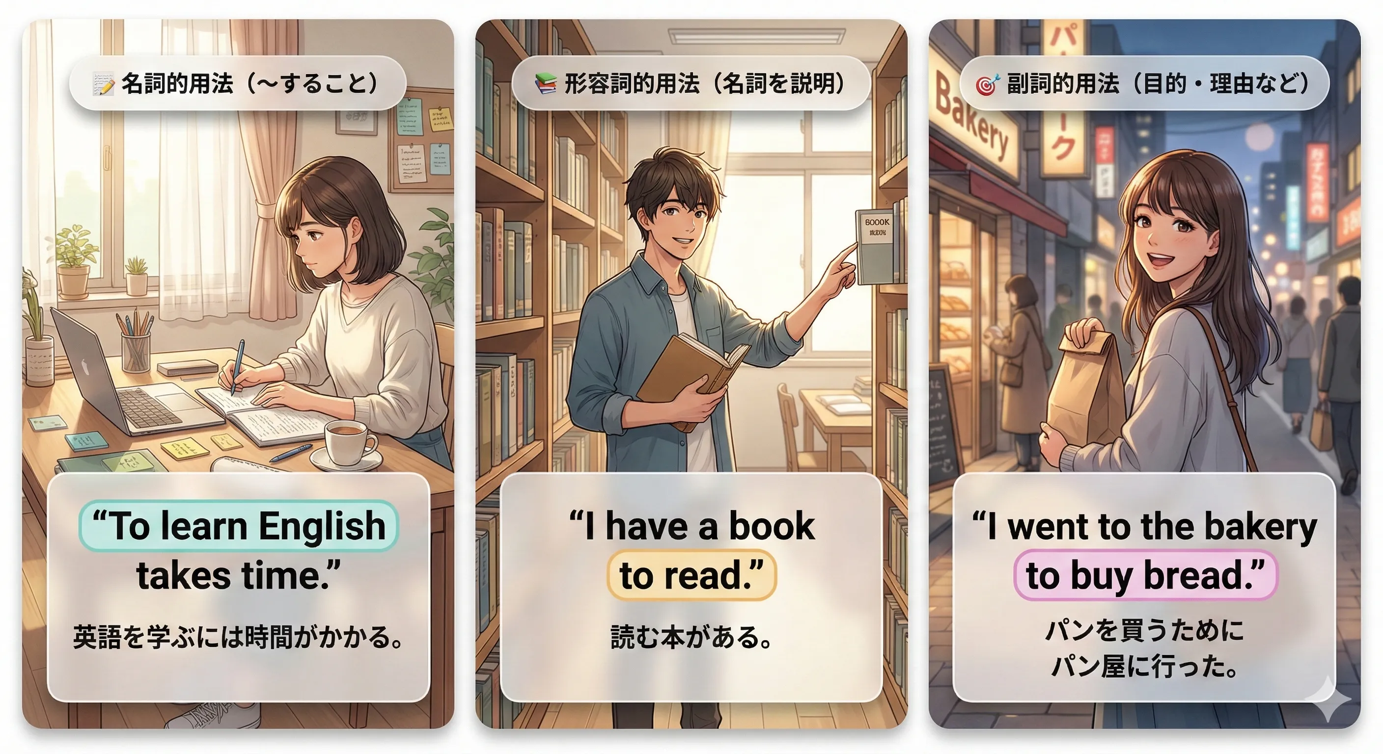 不定詞の3用法（名詞・形容詞・副詞）をまとめて整理するイメージ図