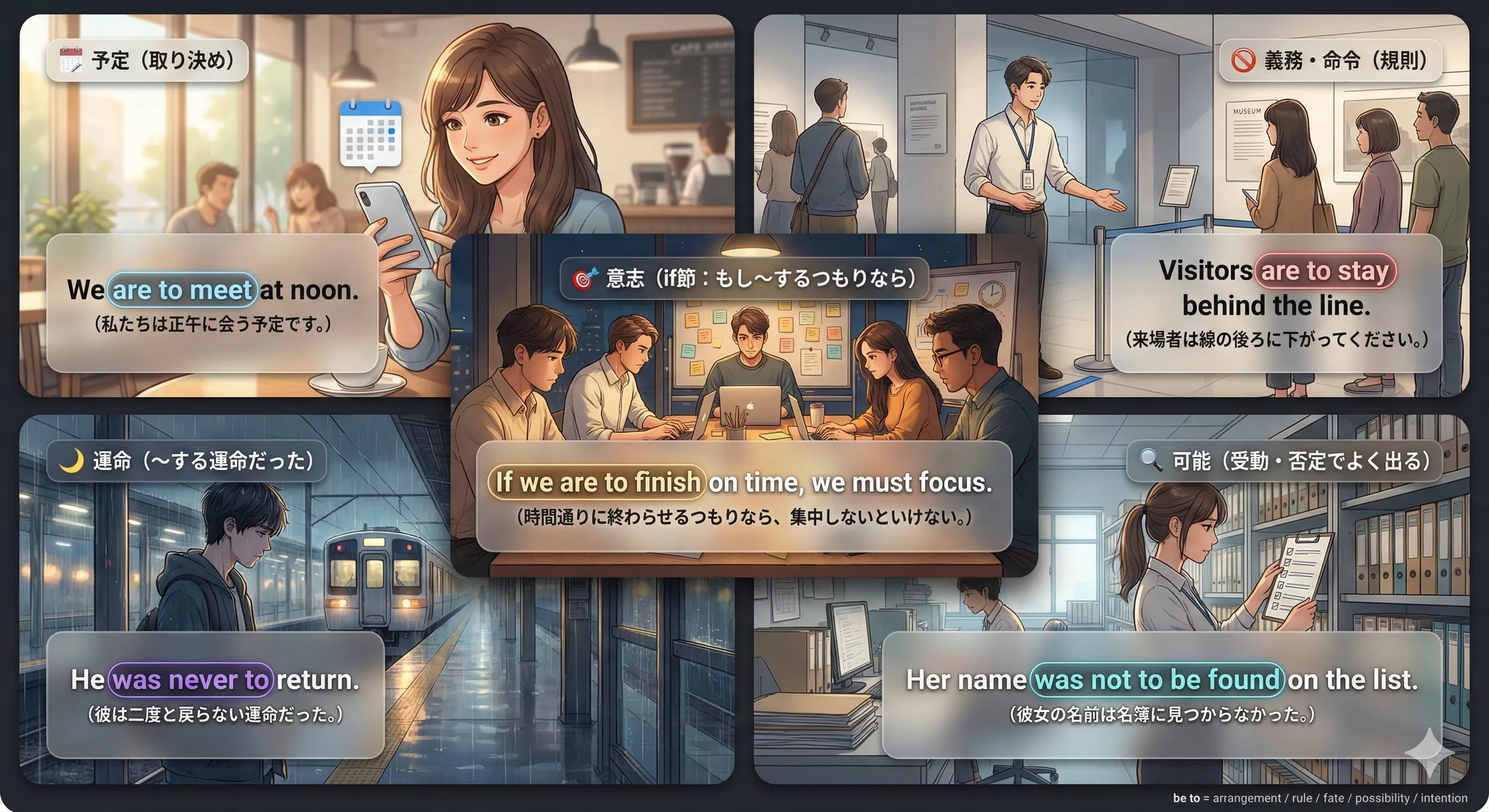 be to 不定詞の5つの意味：予定／義務／運命／可能／意志を文脈で見分ける