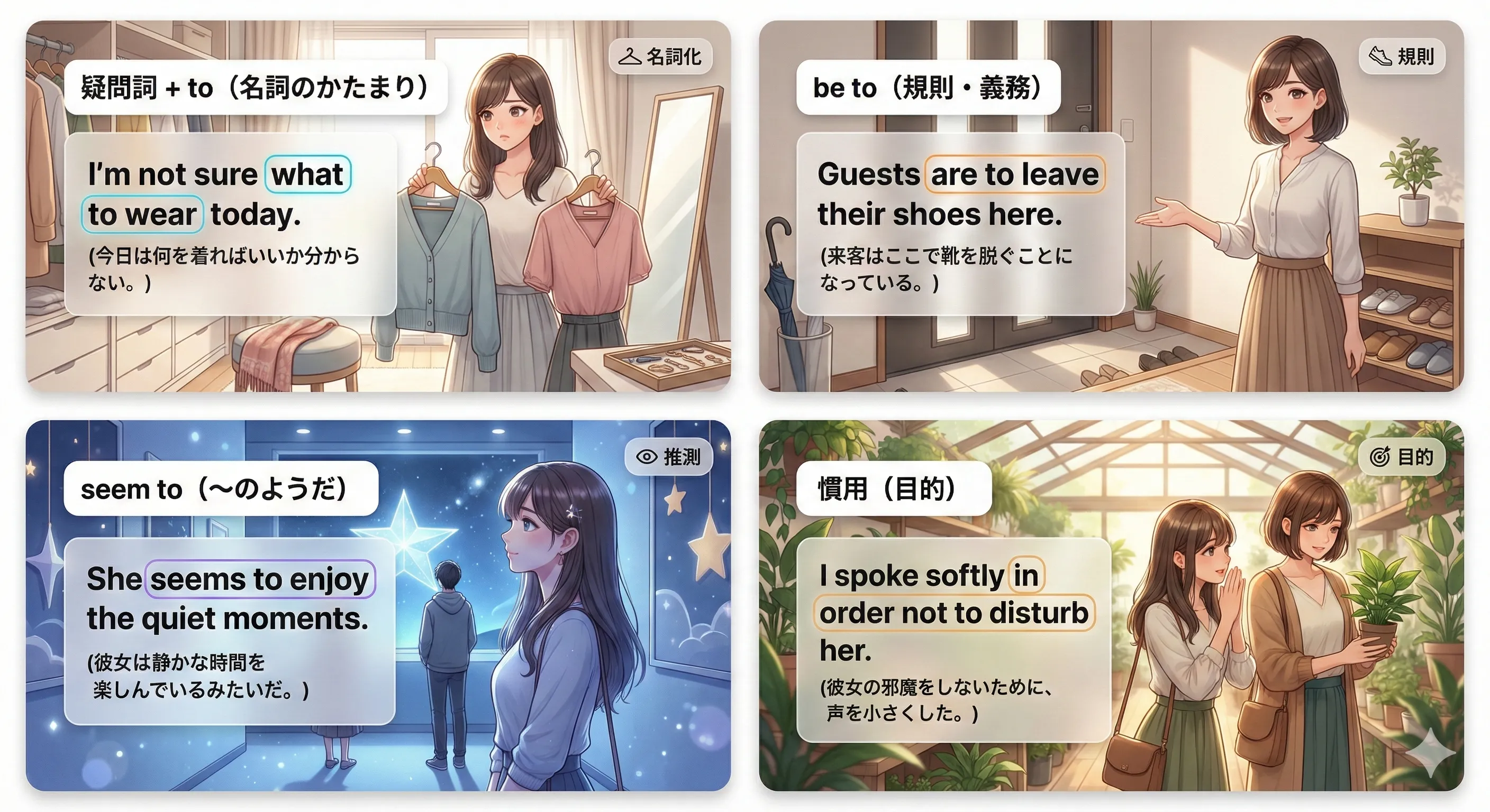 不定詞を含む構文まとめ（疑問詞+to / be to / seem to / too / enough / so ... as to / 目的表現）