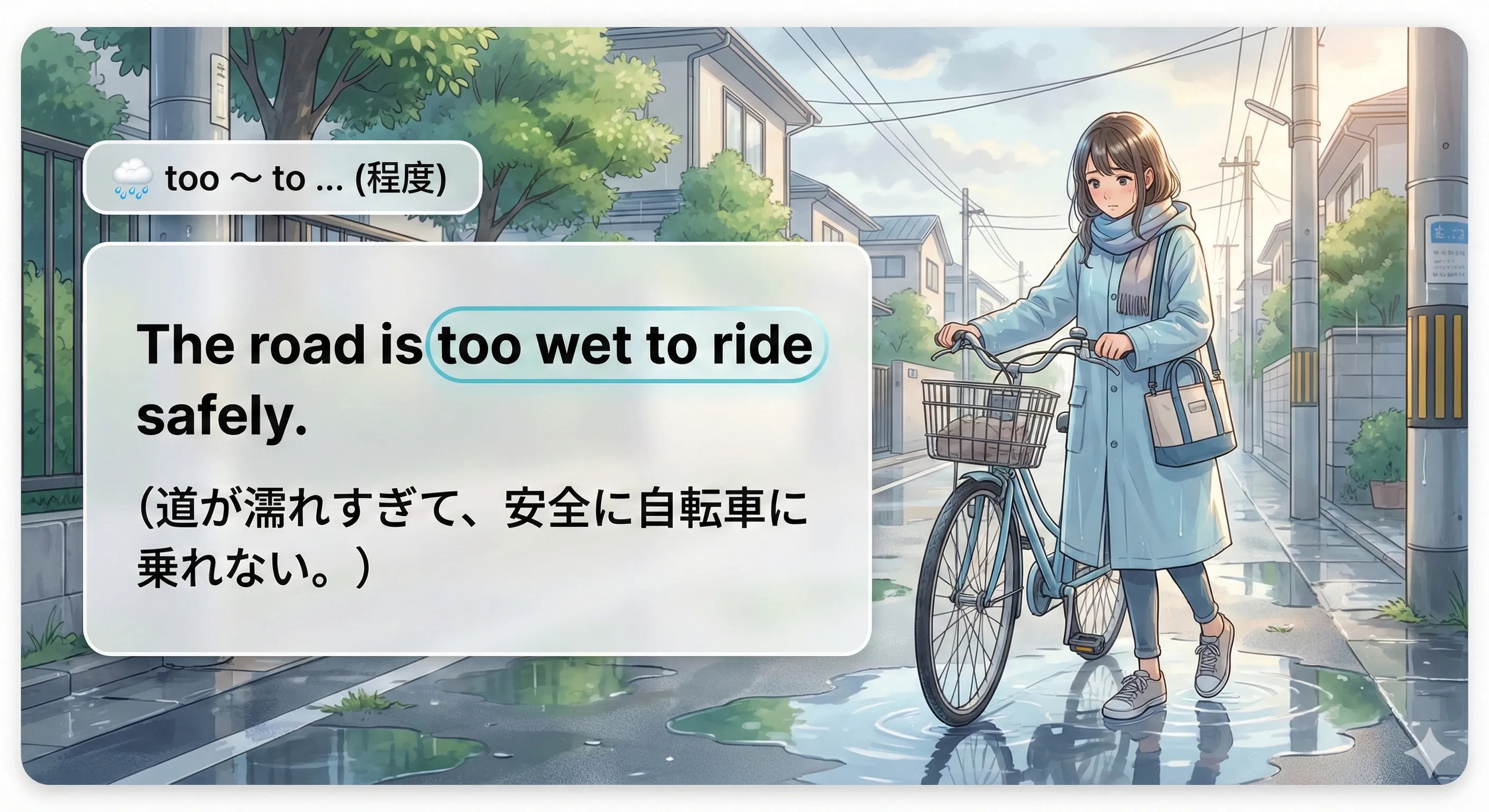 too ～ to のイメージ図（程度が行きすぎて結果ができない／逆に『とても〜なので…する』にもなる）