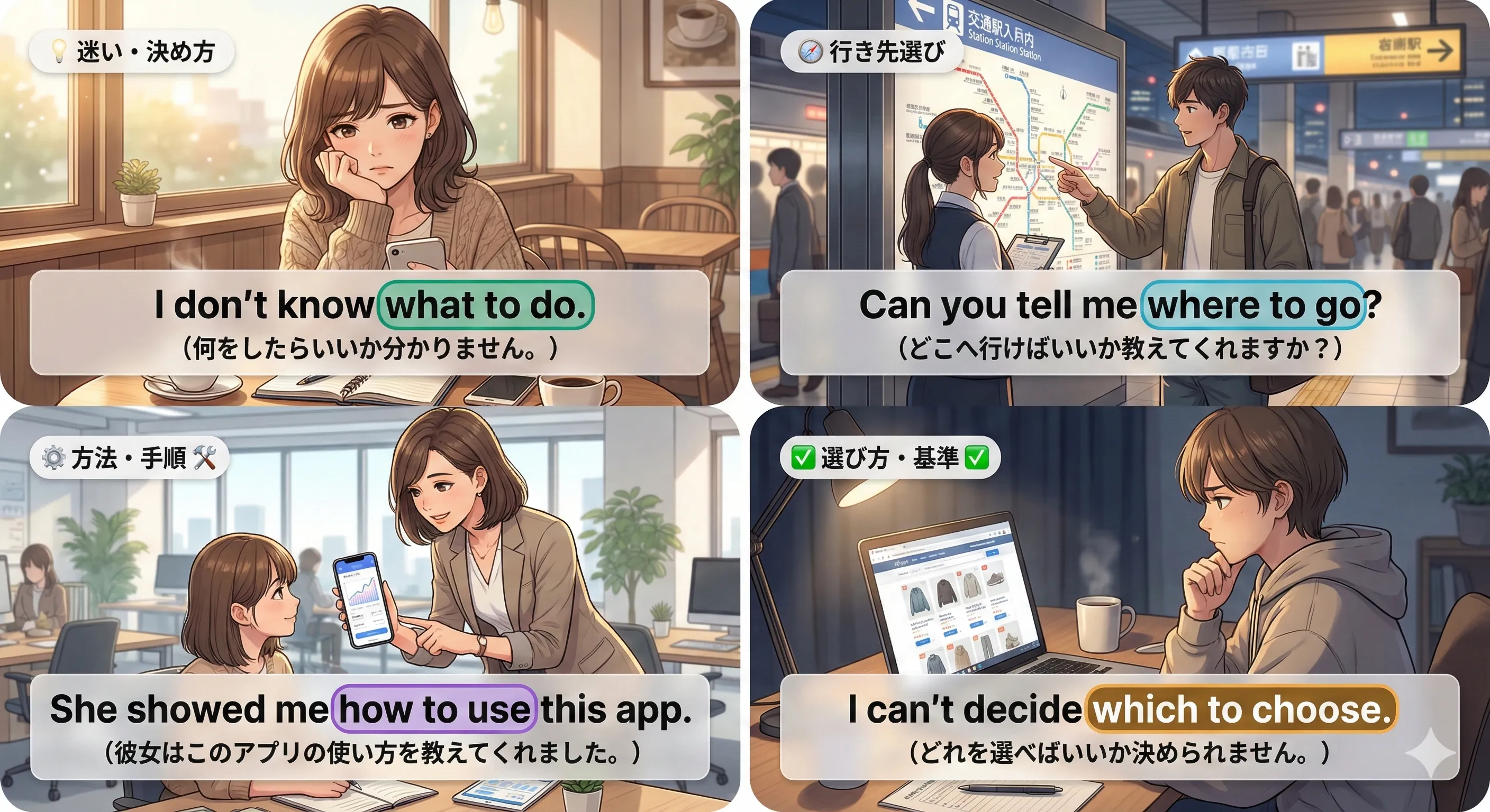 疑問詞 + to 不定詞（what / where / how + to ...）は「〜すべきか／したらよいか」を名詞のかたまりとして作る