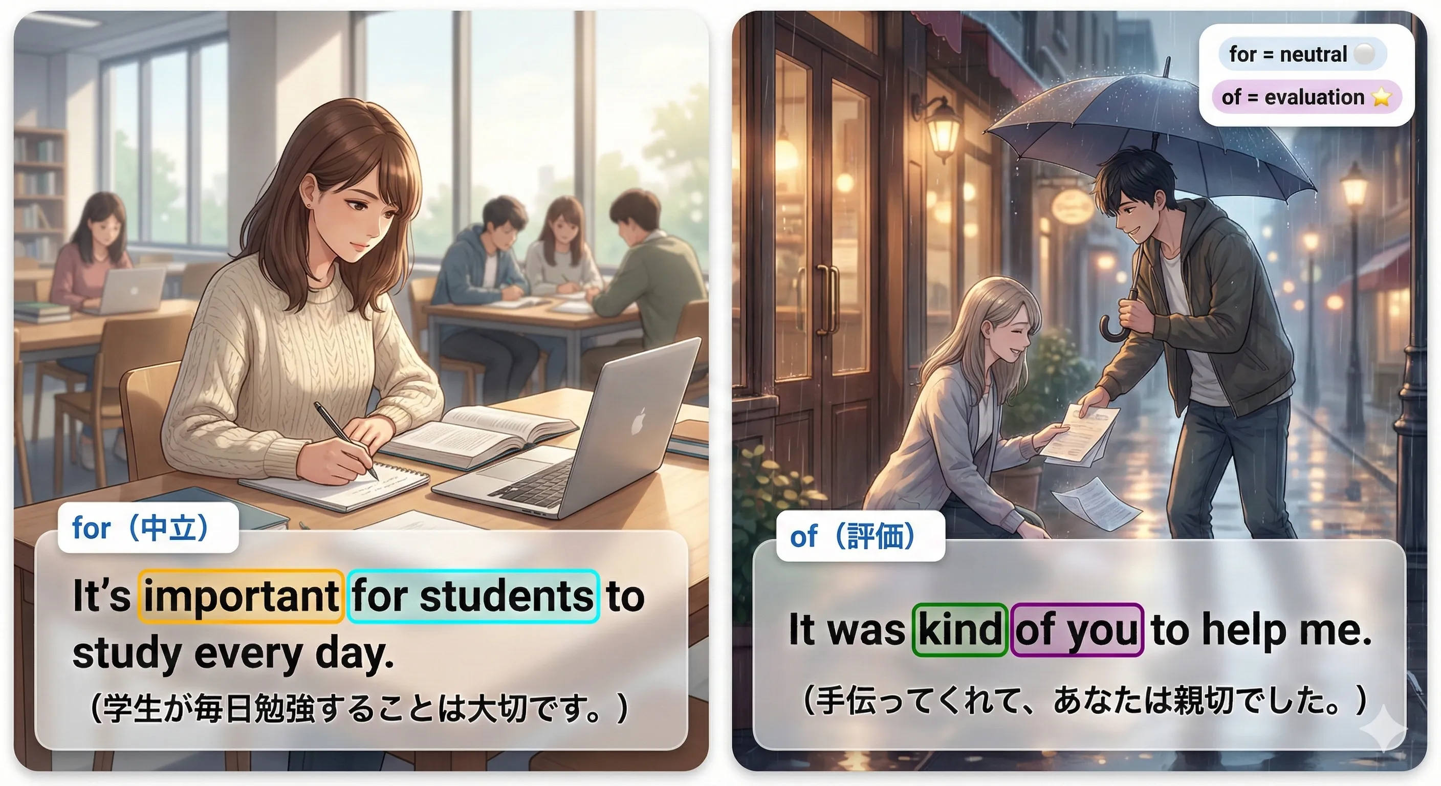 for + 人 + to は状況の性質、of + 人 + to は人の性質の評価：使い分けの全体図