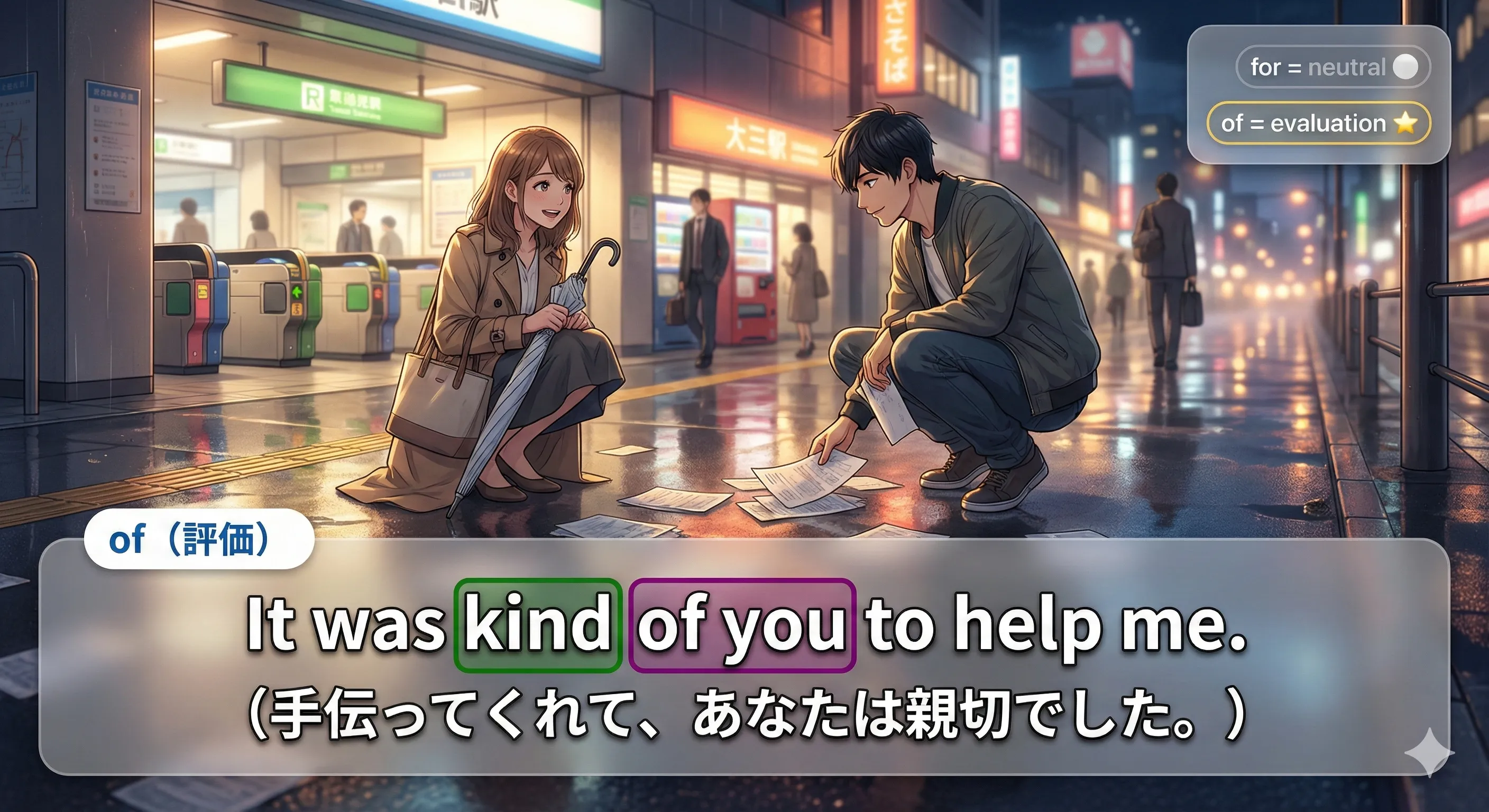 It is + 形容詞 + of + 人 + to do：行動を通して人柄を評価するイメージ図