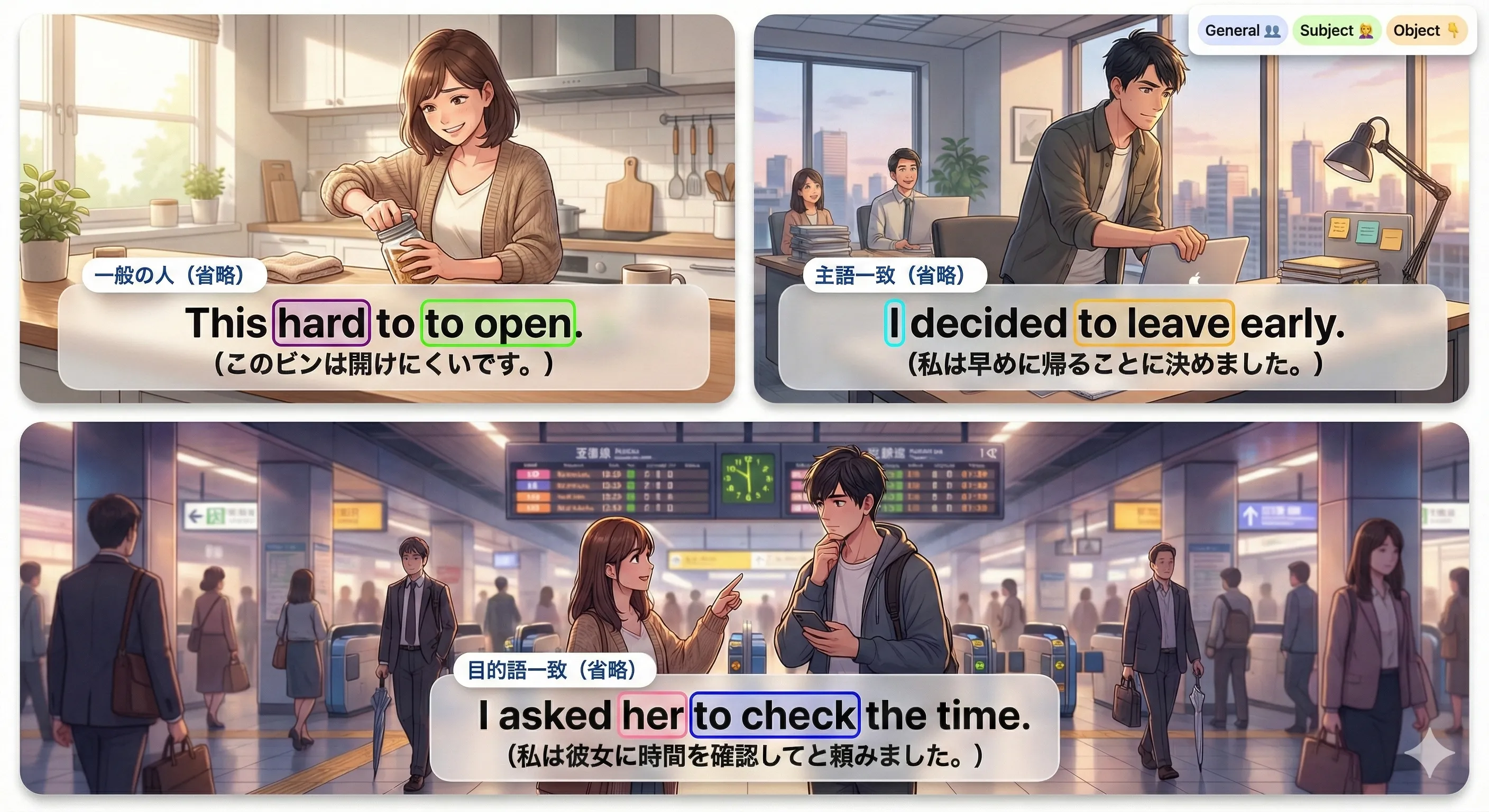 意味上の主語を省略する3パターン：一般の人／主語一致／目的語一致のイメージ図