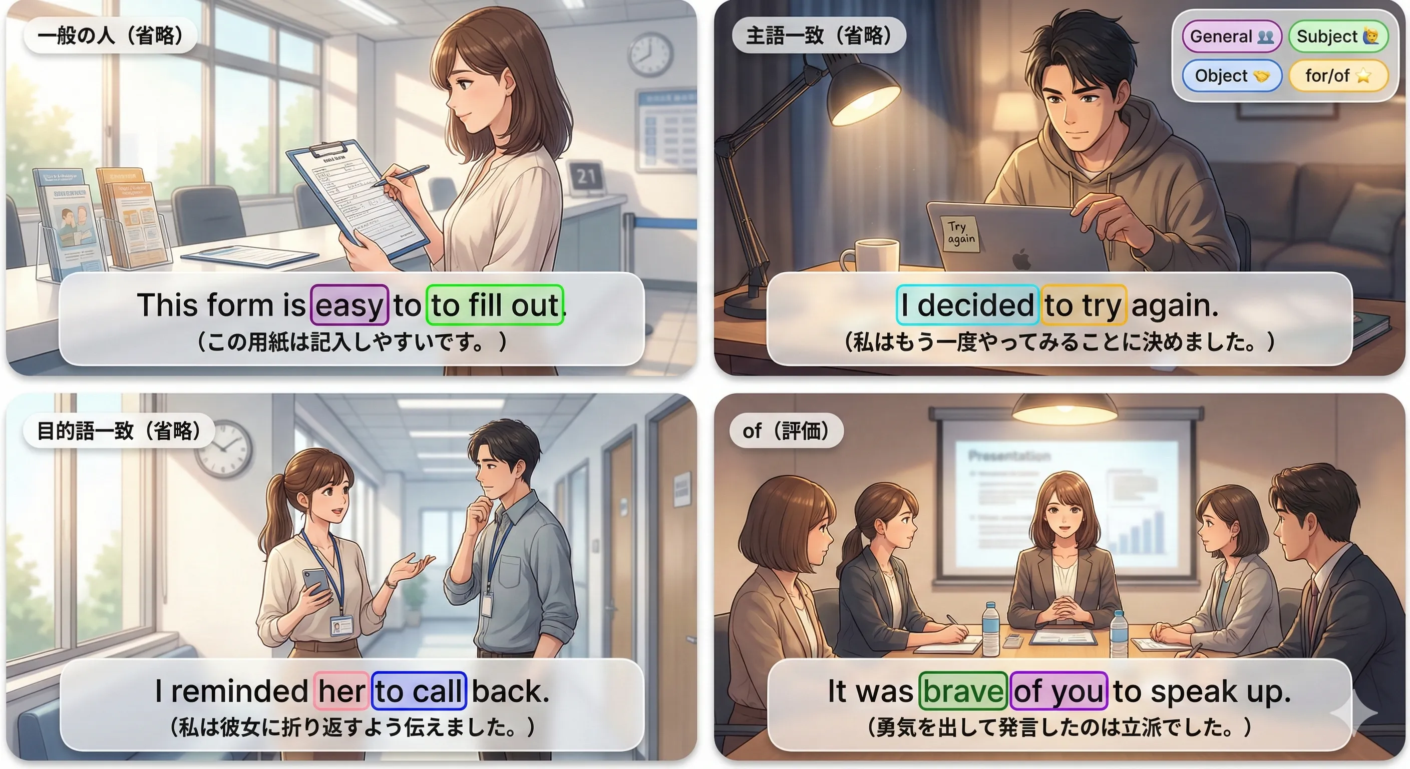 不定詞の意味上の主語：一般の人／主語一致／目的語一致／for／of をまとめた総復習図