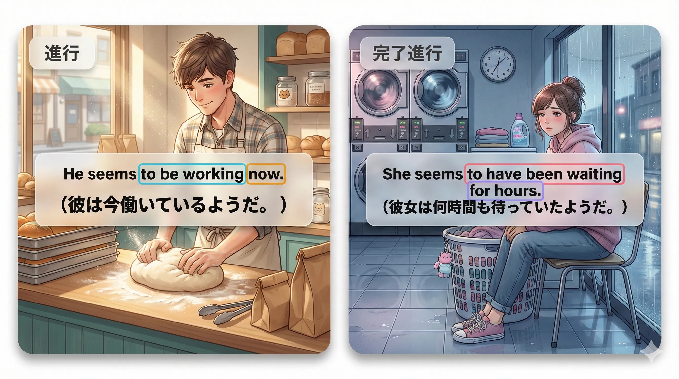 不定詞の進行形：to be + V-ing と to have been + V-ing を時間の線で整理する図