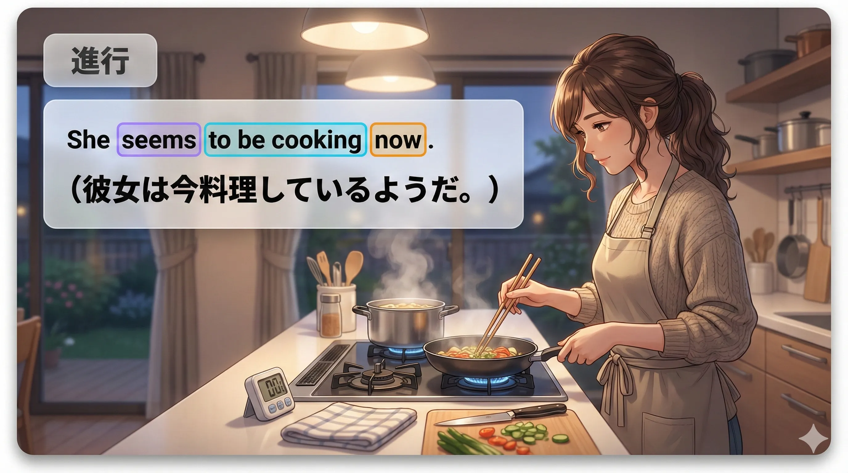 現在進行の不定詞：to be + V-ing（その時点でちょうど進行中）を表すイメージ図