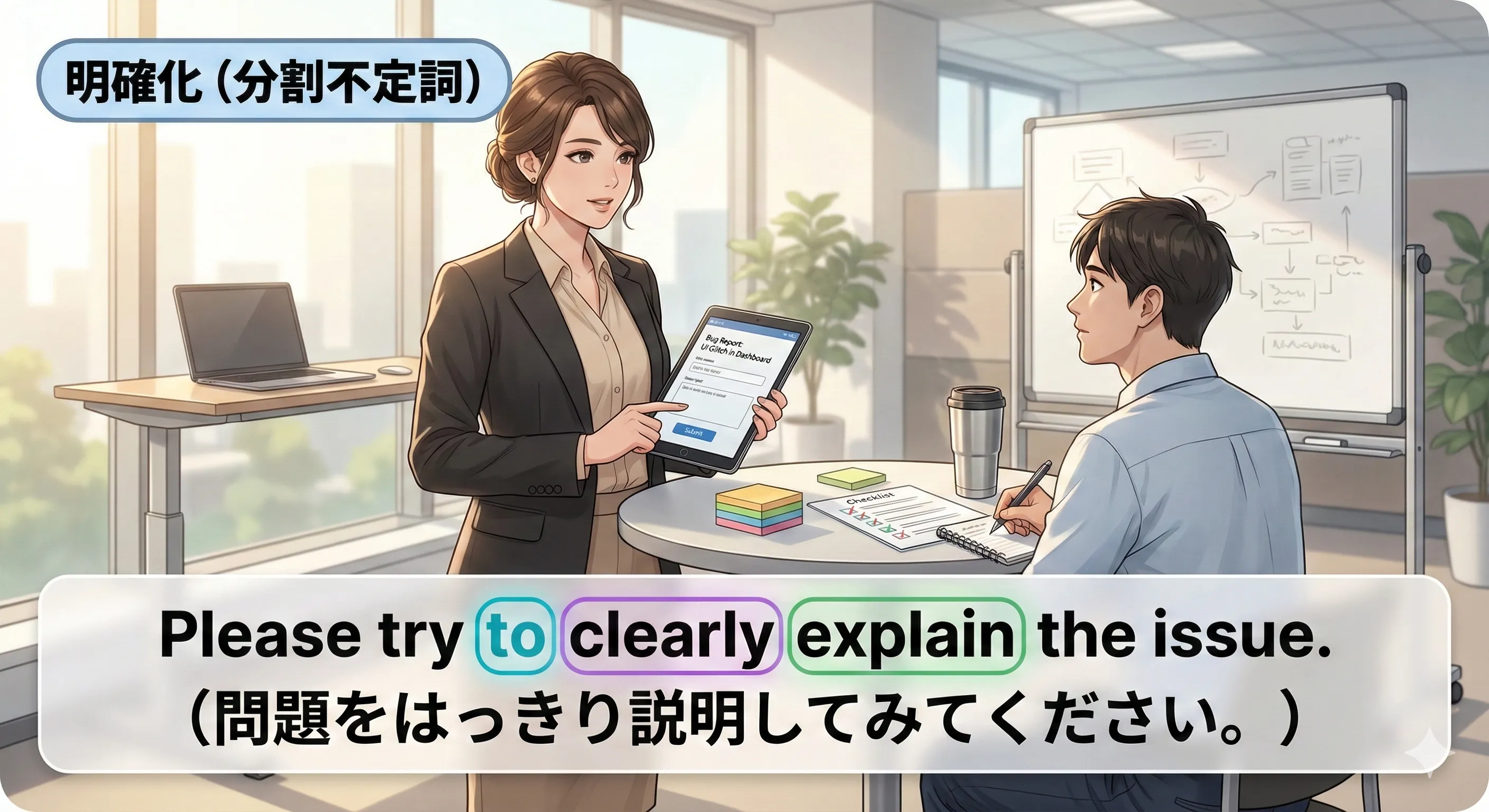 分割不定詞：to と動詞の間に副詞を置いて意味を明確にするイメージ図