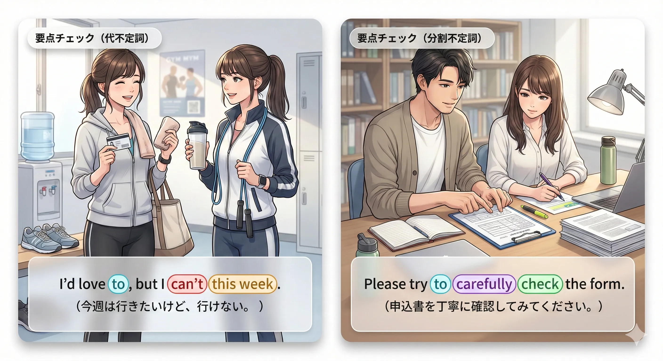 代不定詞と分割不定詞：to の省略と副詞の置き場所をまとめて確認する図