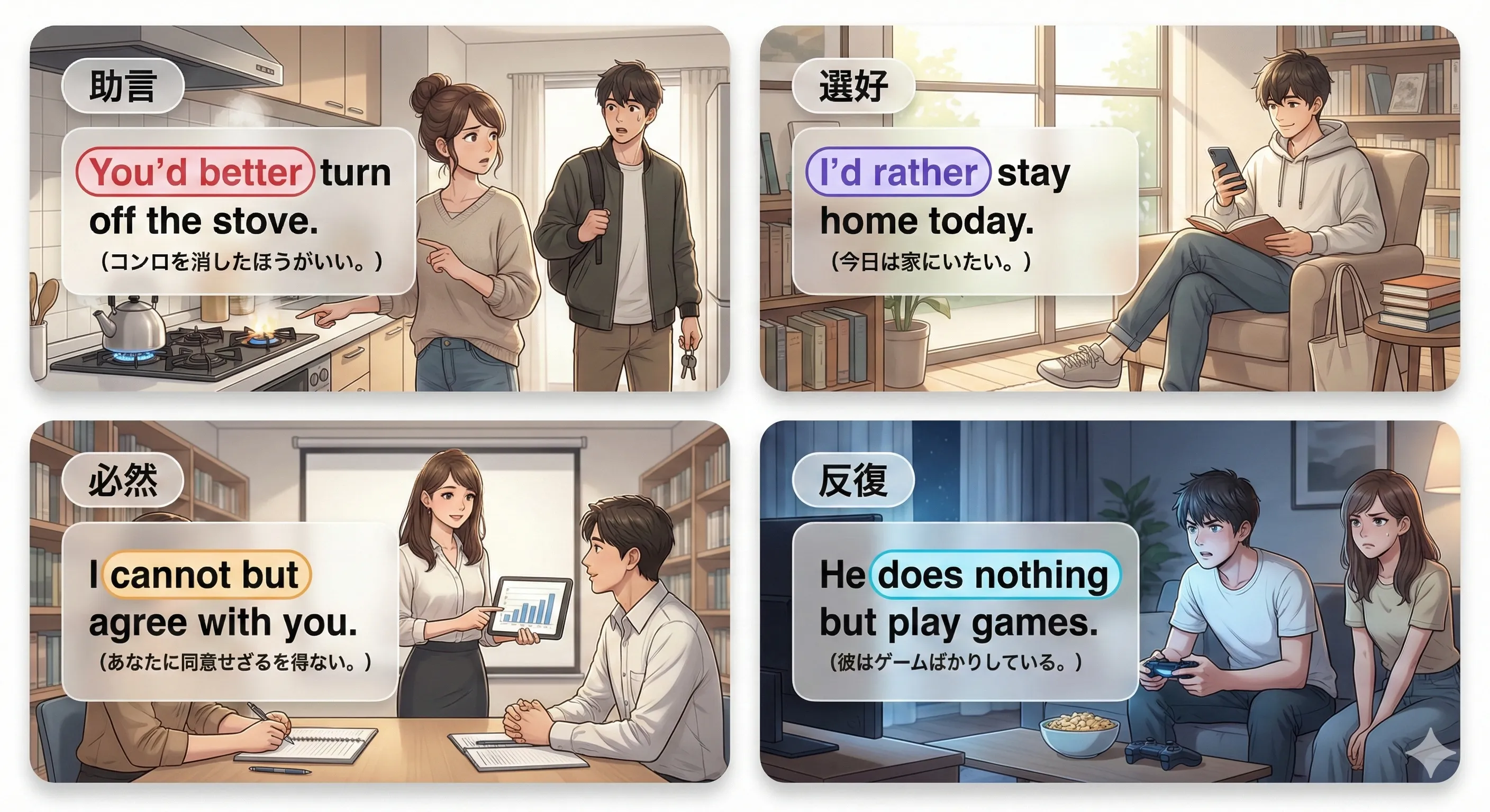 原形不定詞を使う慣用表現：had better / would rather / cannot but / do nothing but の全体像