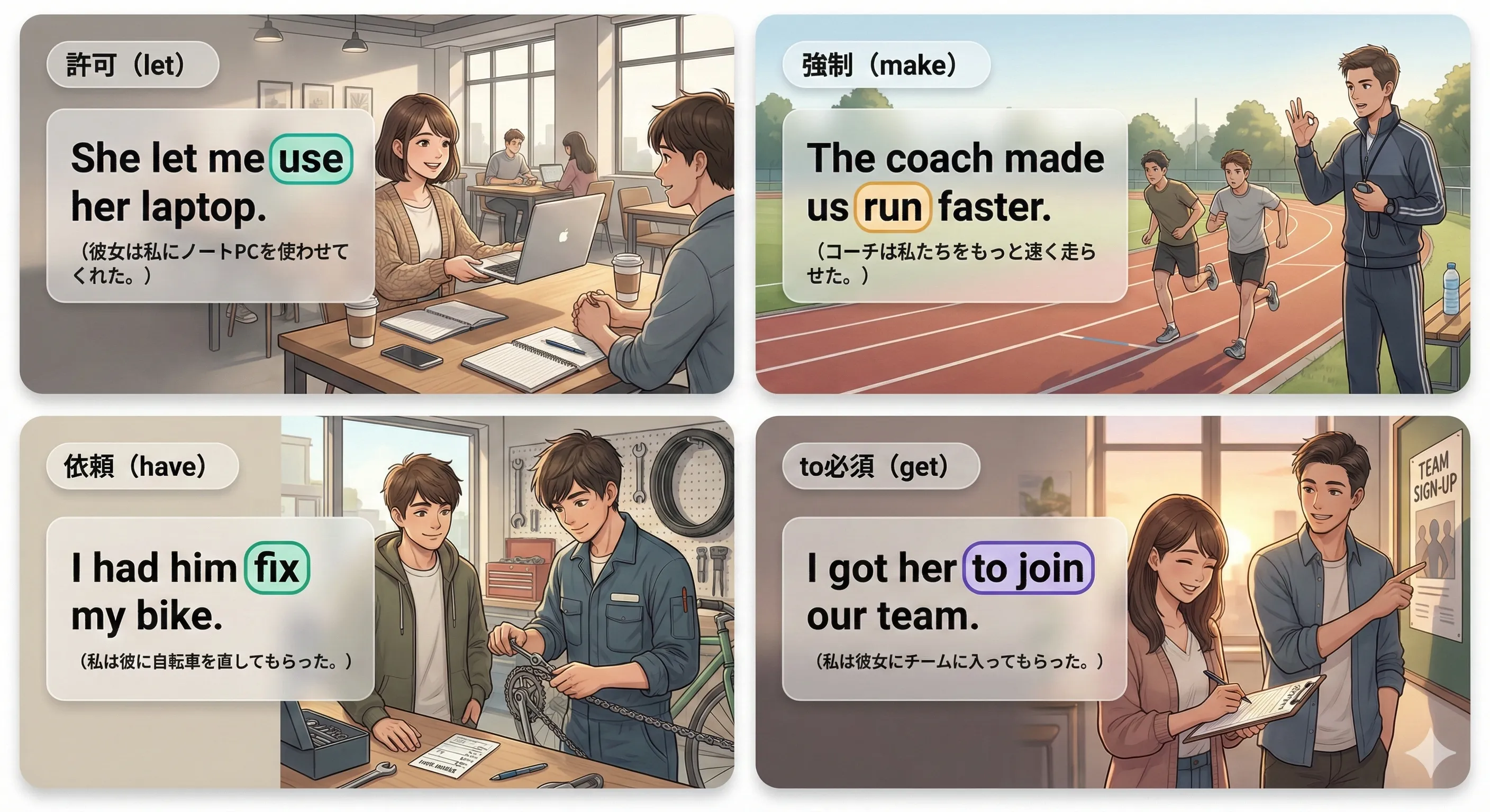 使役動詞 let / make / have：許可→強制→依頼のニュアンス差と原形不定詞のイメージ図