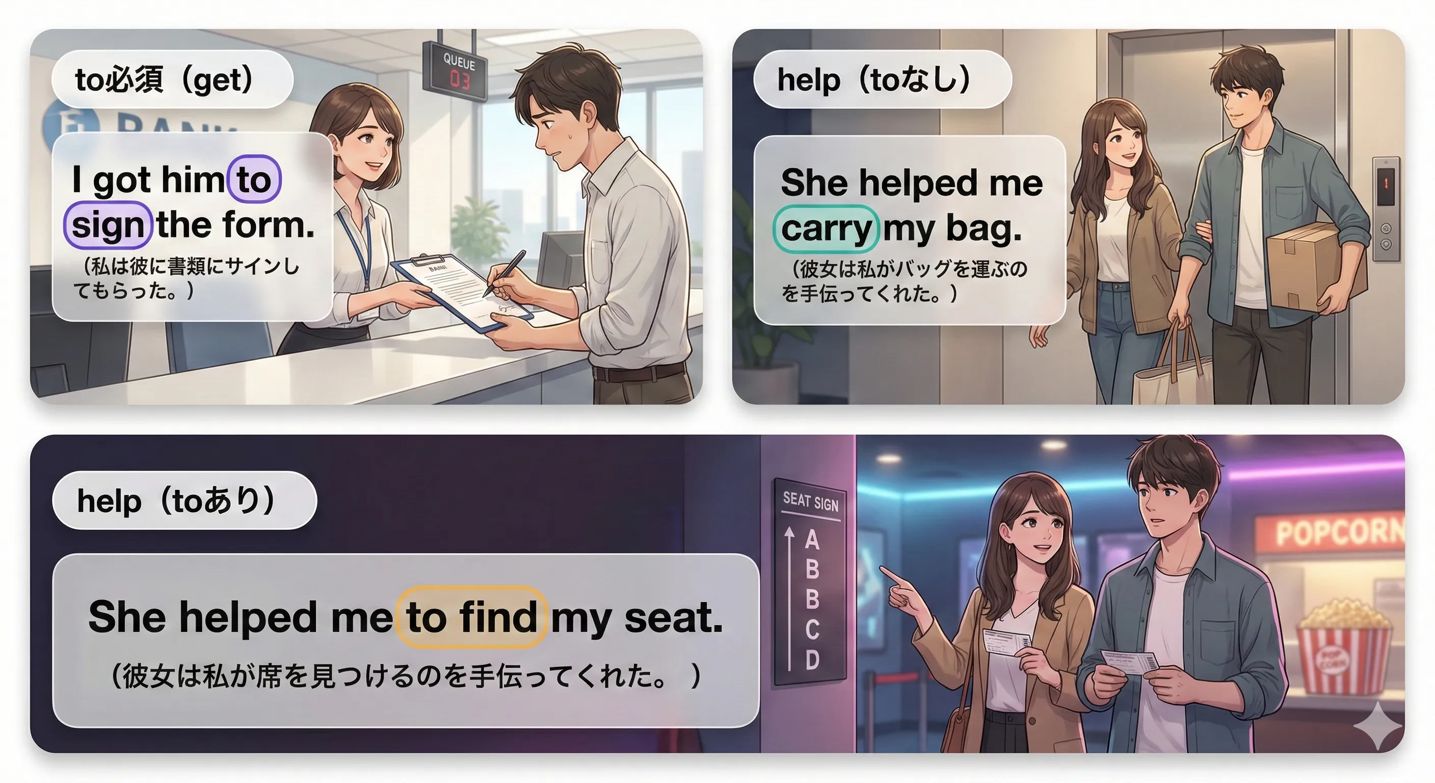 get と help：to が必須か省略できるか（get + O + to V / help + O + (to) V）のイメージ図