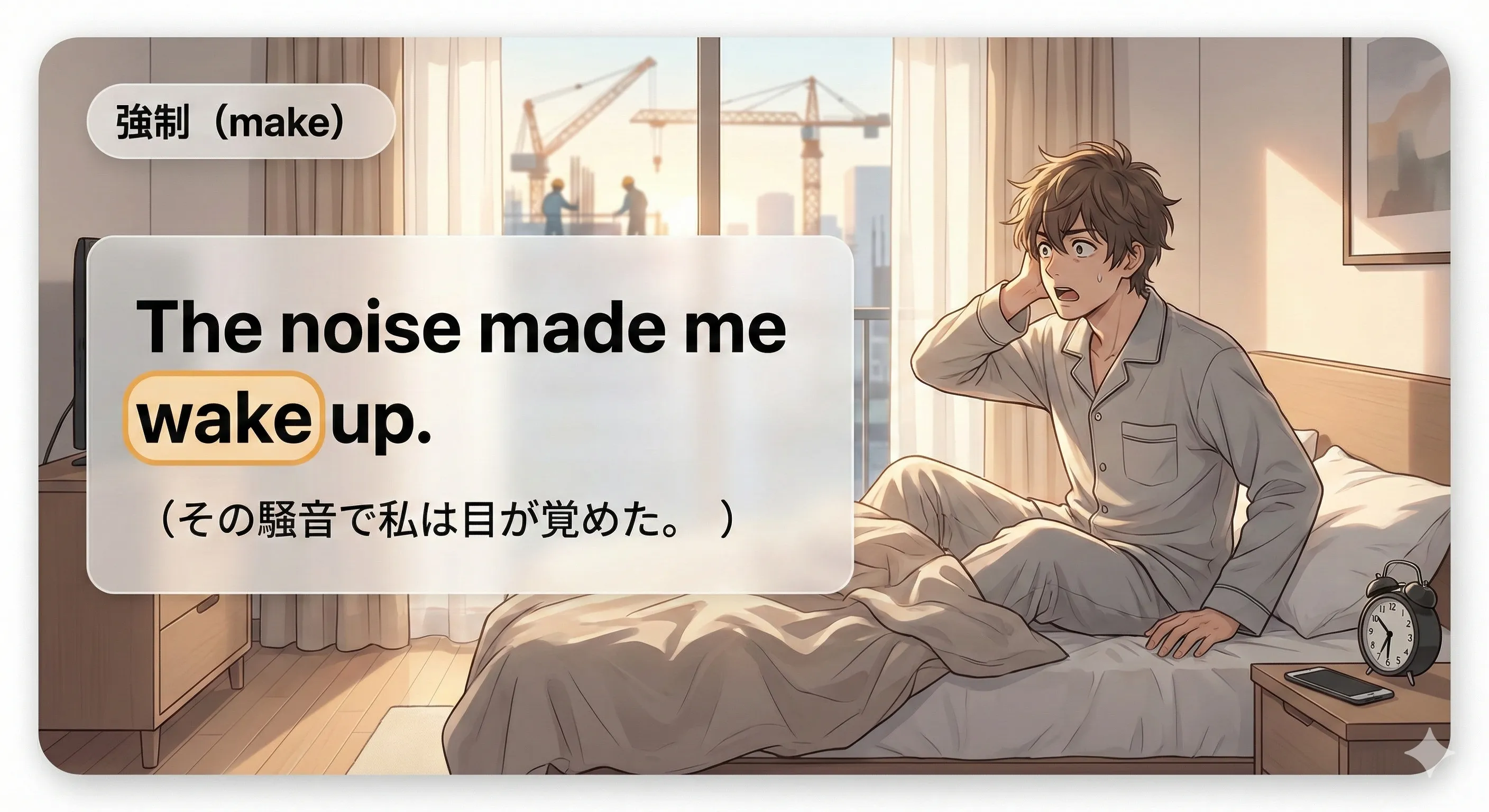 make（強制）：make + O + V（原形）／受動は be made to V のイメージ図