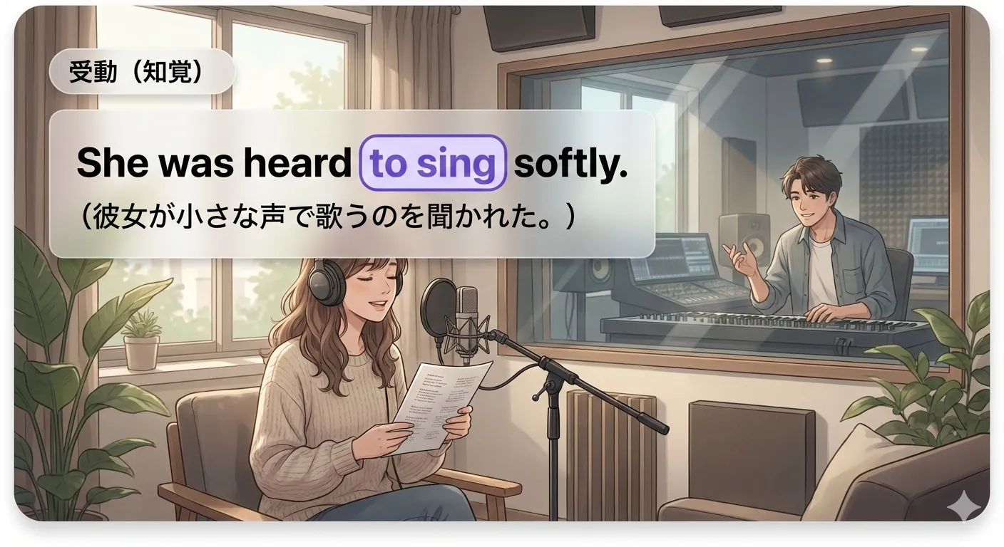 知覚動詞の受動：be + seen/heard + to V（受動にすると to が戻る）イメージ図