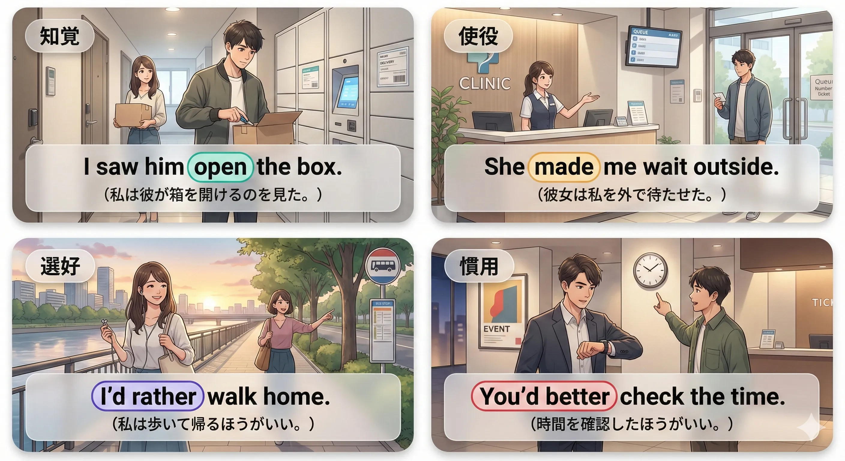 原形不定詞の総まとめ：知覚動詞・使役動詞・get/help・慣用表現（had better / would rather / cannot but / do nothing but）の要点チェック図