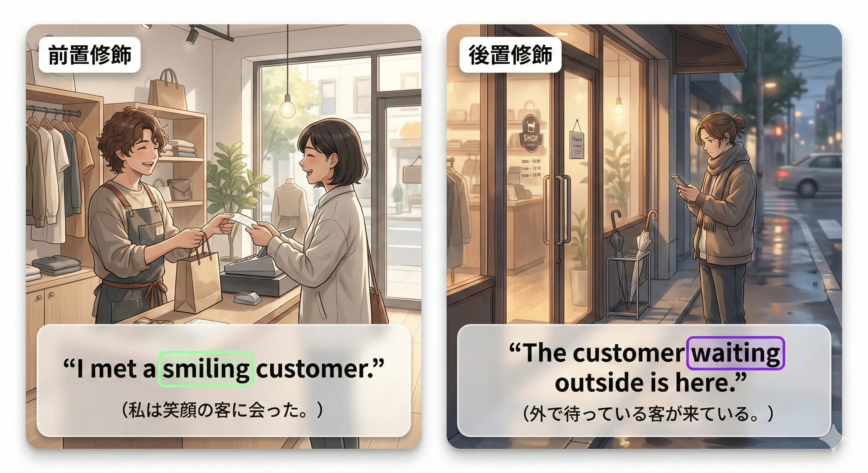 分詞の形容詞的用法：前置（名詞の前）と後置（名詞の後ろ）の使い分け図
