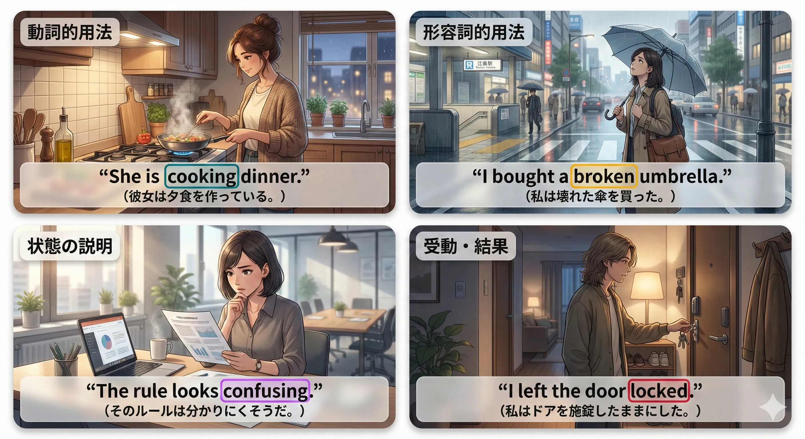 分詞（現在分詞・過去分詞）の全体像：形容詞的用法と be/have との関係イメージ