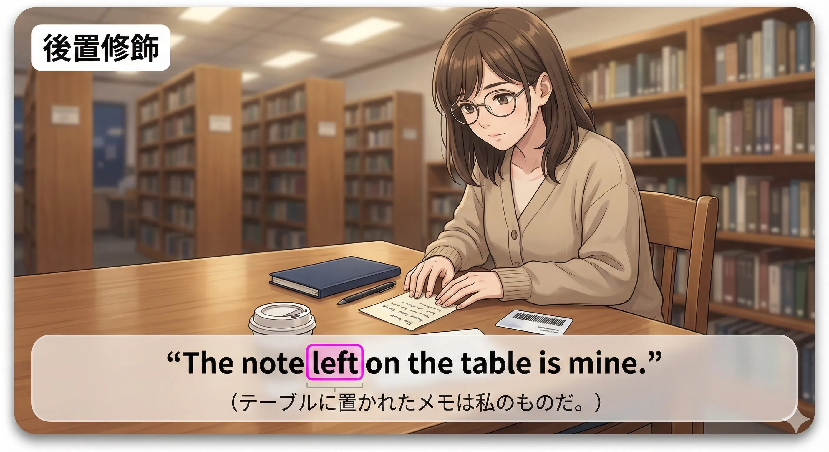 後置修飾：名詞の後ろに分詞（語句つき）が置かれるイメージ図（かたまりで読む）