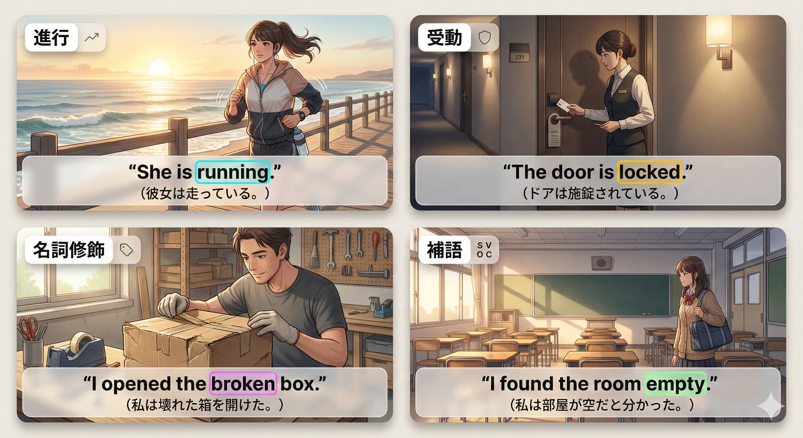 分詞の総まとめ：動詞的用法（進行・受動・完了）と形容詞的用法（名詞修飾・補語）の全体像