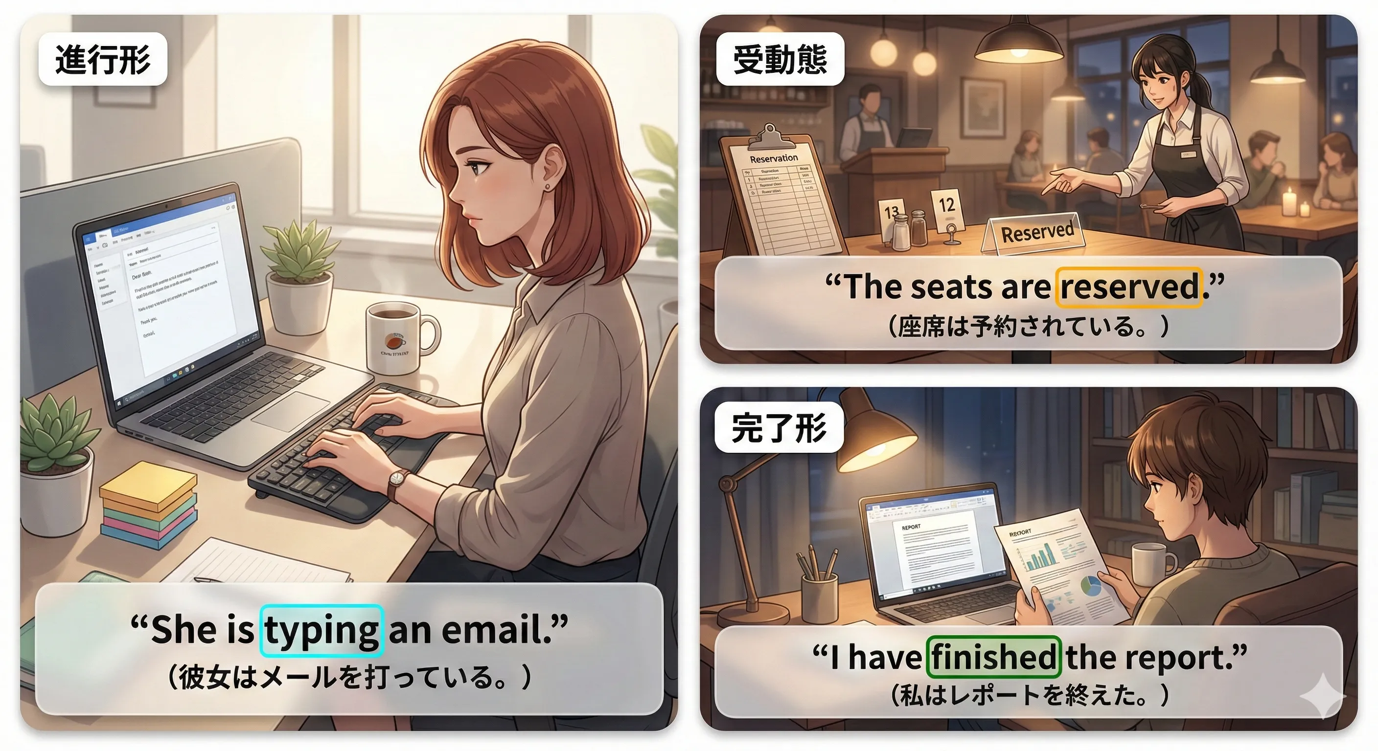 分詞の動詞的用法：be + 現在分詞（進行形）、be + 過去分詞（受動態）、have + 過去分詞（完了形）の関係図