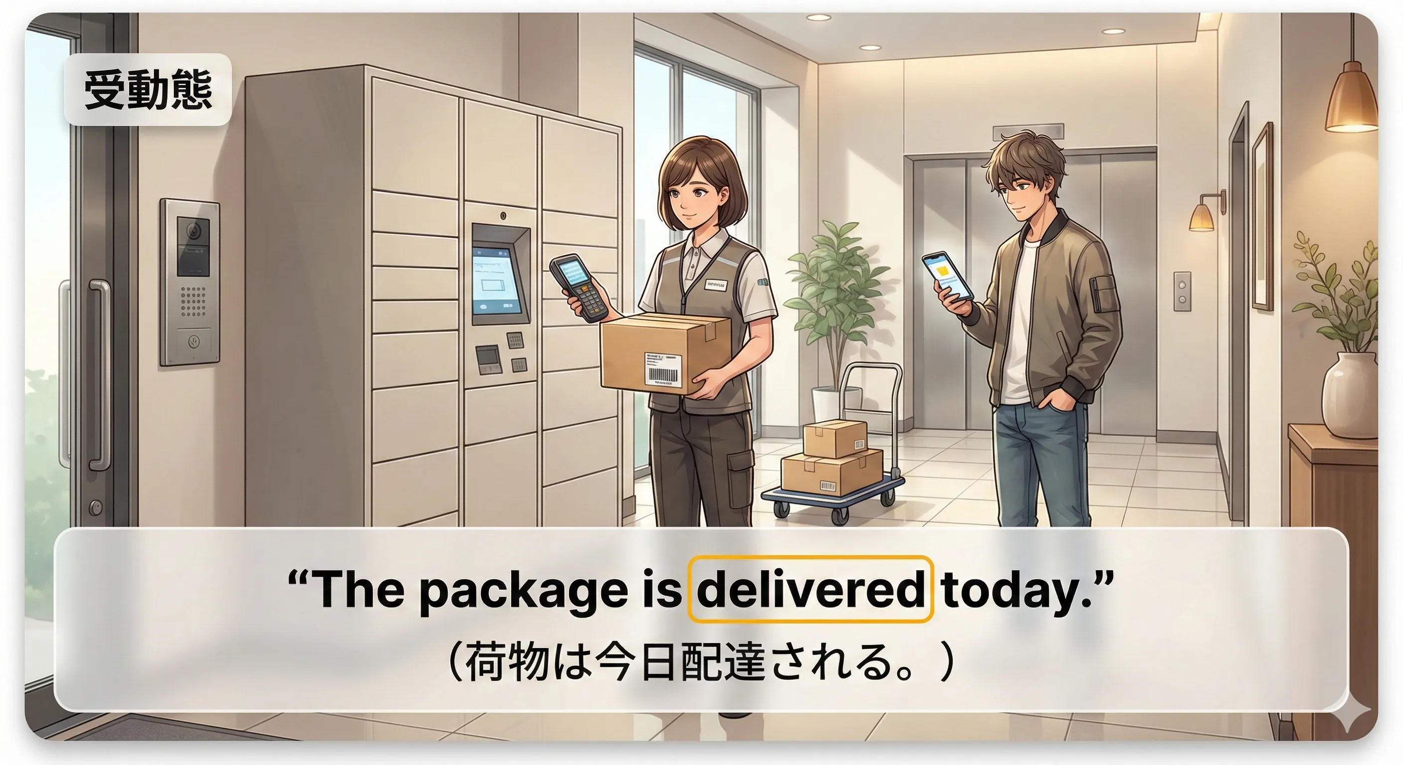 受動態（be + 過去分詞）のイメージ図：行為者より結果や対象を前に出す