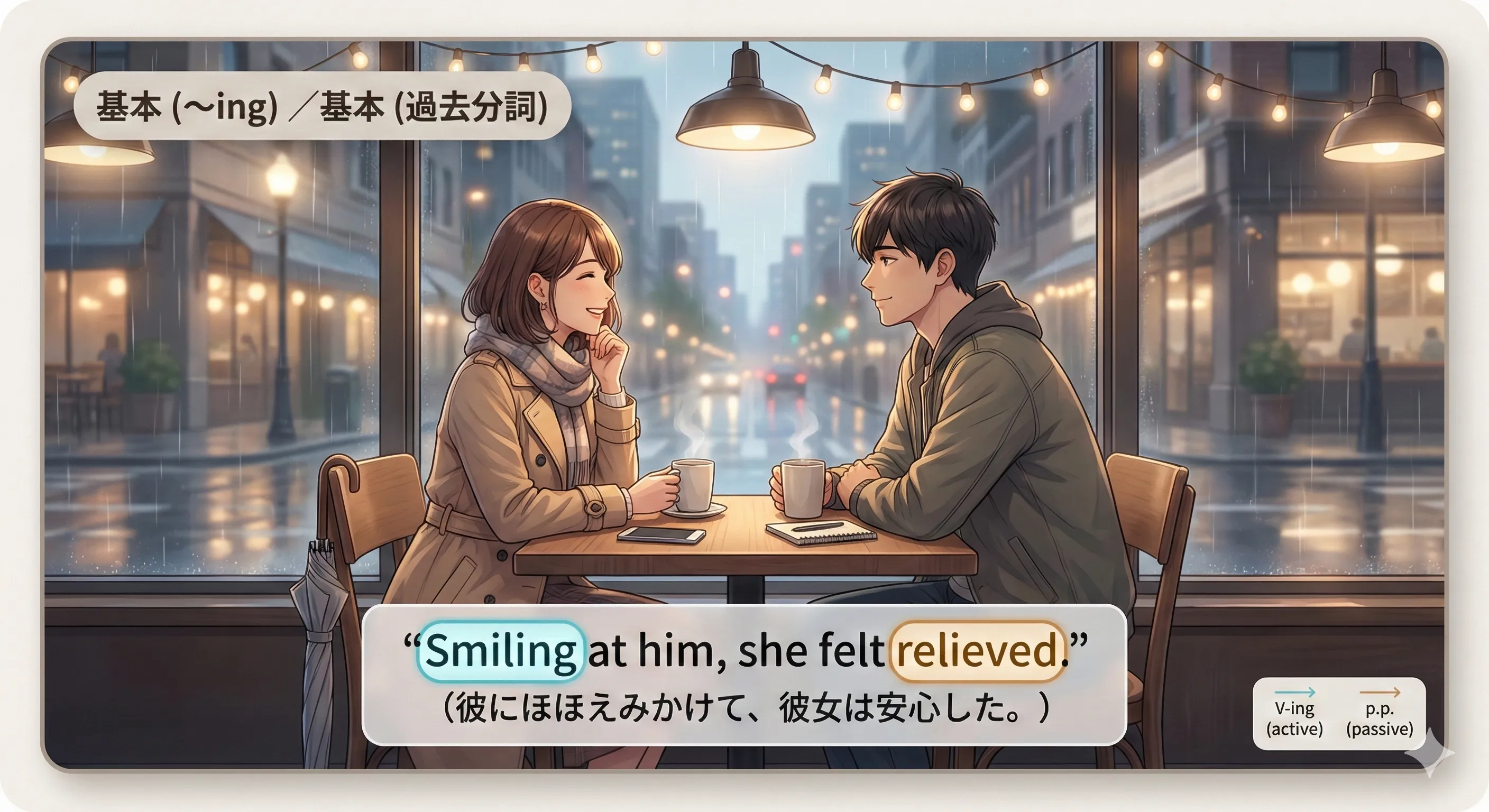 分詞構文の基本形：〜ing（能動）と過去分詞（受け身・状態）を見分けるイメージ図