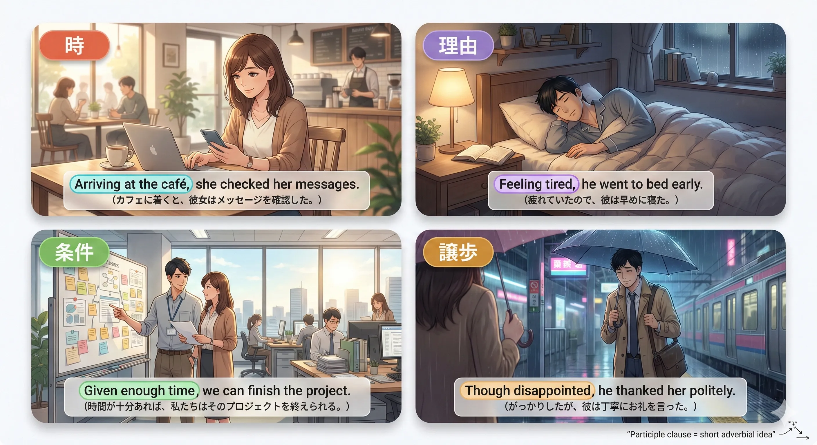 分詞構文（Participle Construction）の全体像：副詞節を短くまとめるイメージ図