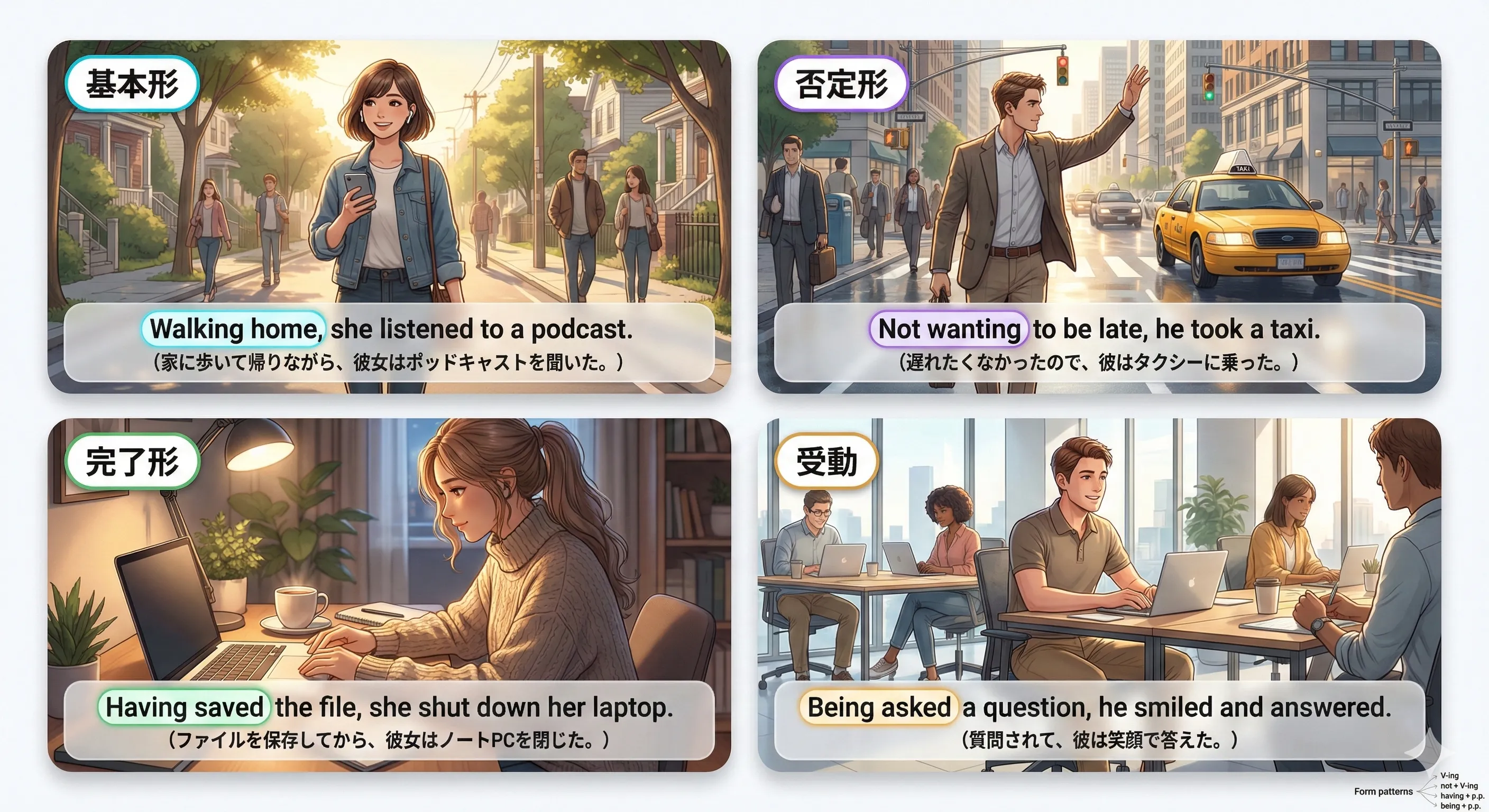 分詞構文の形（基本・否定・完了・受動・配置・独立・接続詞つき）を整理するイメージ図