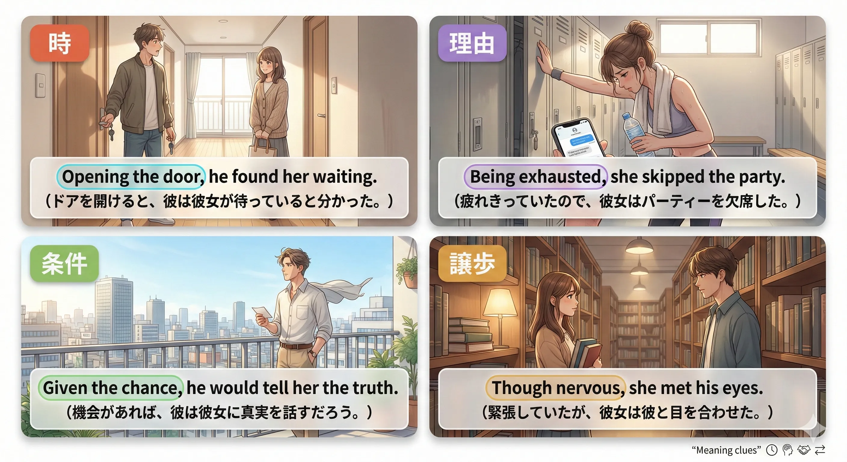 分詞構文の意味：時・理由・条件・譲歩・付帯状況を見分けるマップ