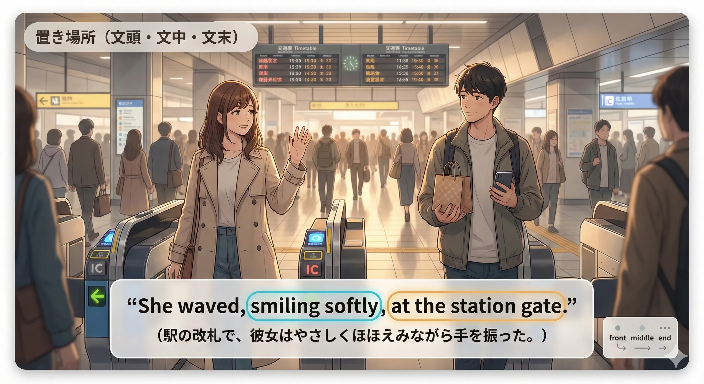 分詞構文の置き場所：文頭・文中・文末で「情報の出し方」が変わるイメージ図