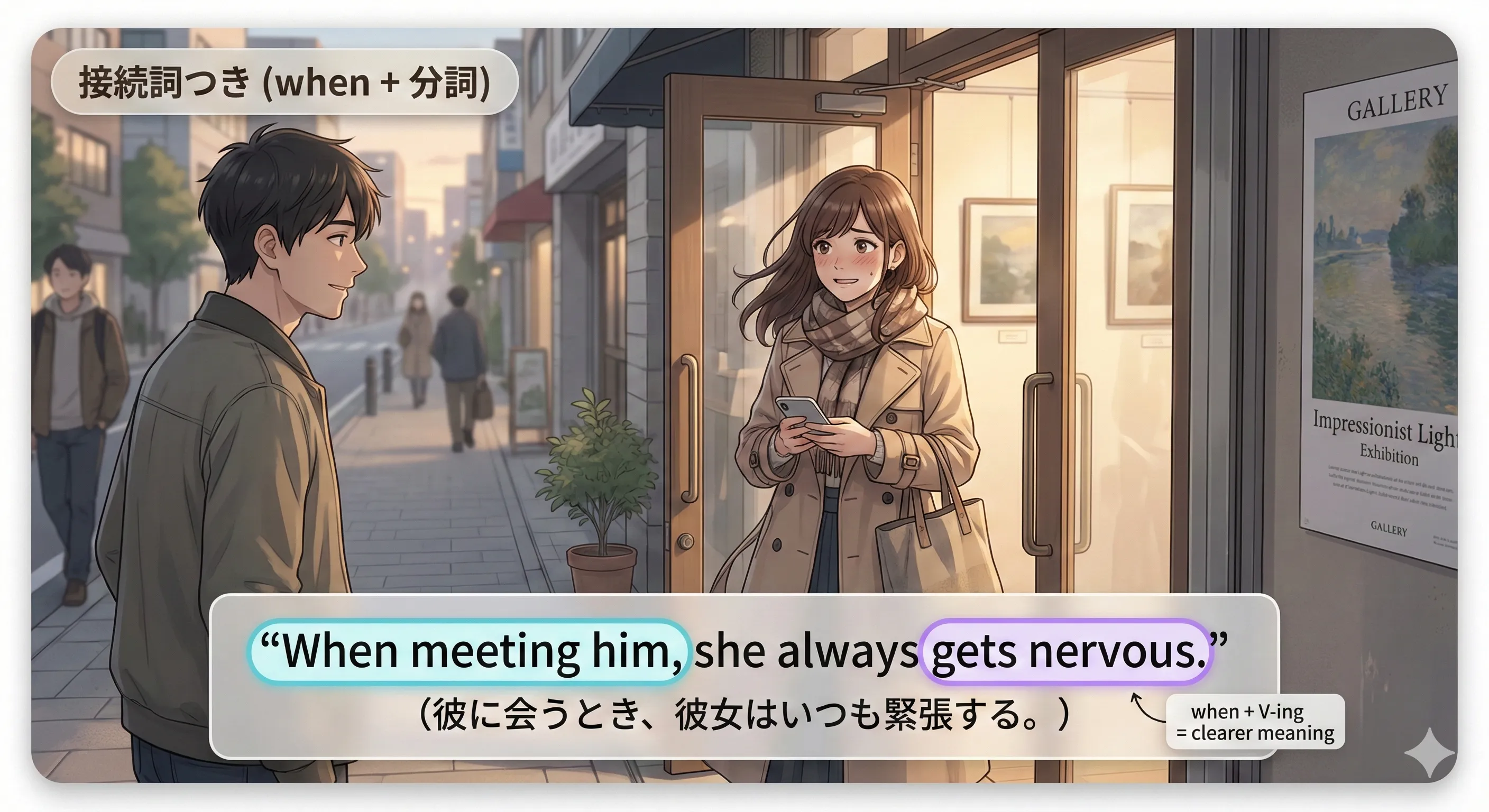 接続詞を伴う分詞構文：when/while/if/though などで意味を明確にするイメージ図