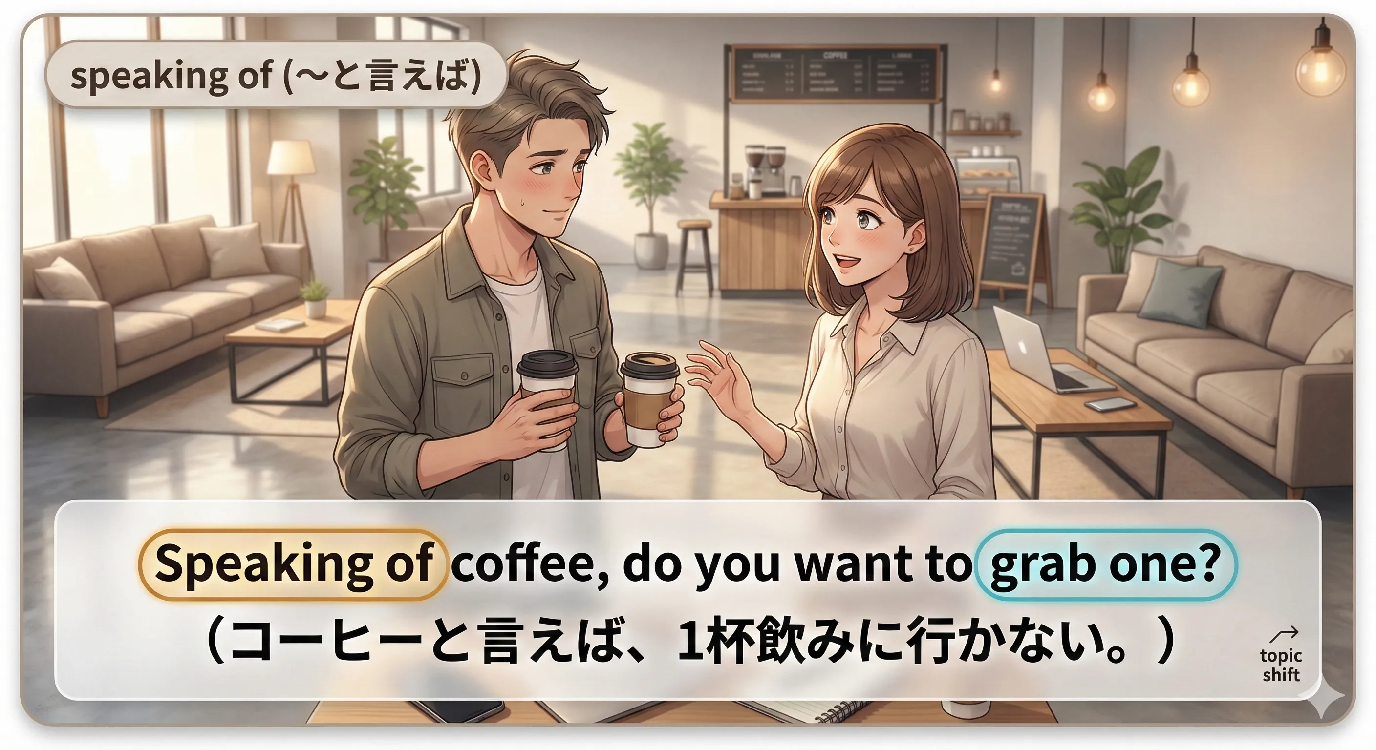 speaking of：話題の切り替え（～と言えば）のイメージ図