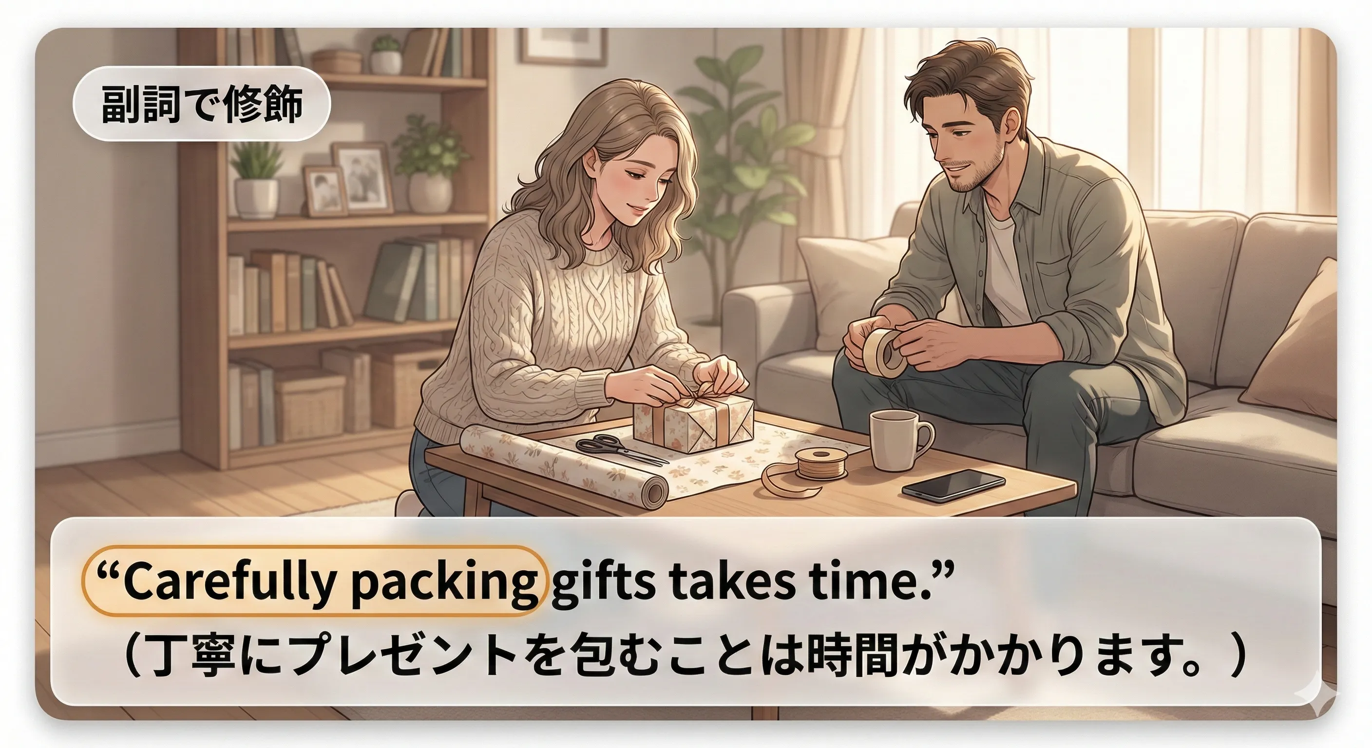 副詞 + 動名詞：quickly walking / walking quickly のように、動名詞の中身（動詞）を副詞で修飾できるイメージ図