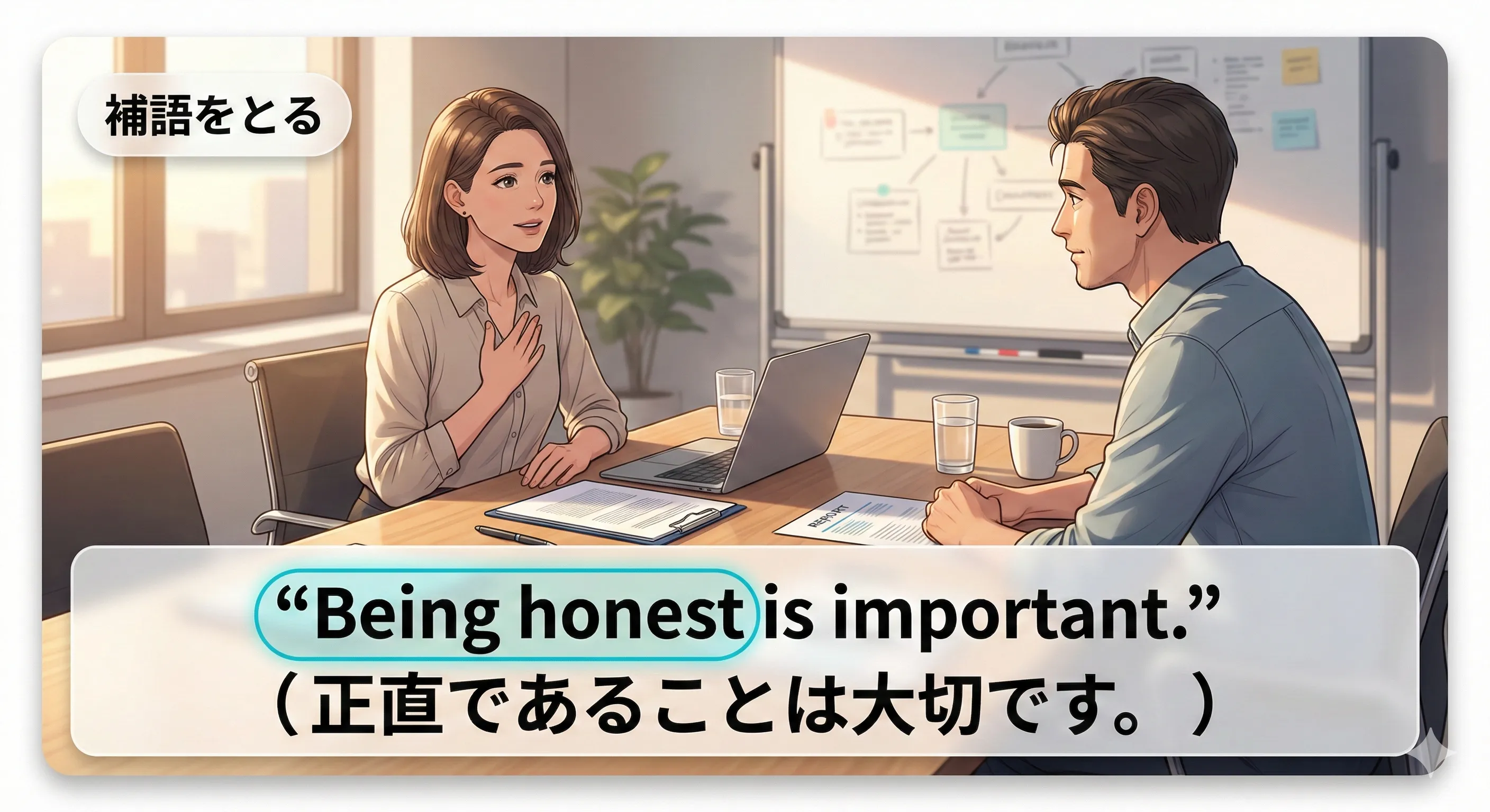 being + 補語：being honest（形容詞）/ being a teacher（名詞）/ being on time（前置詞句）など、be動詞の後ろの形を動名詞の中に入れるイメージ図