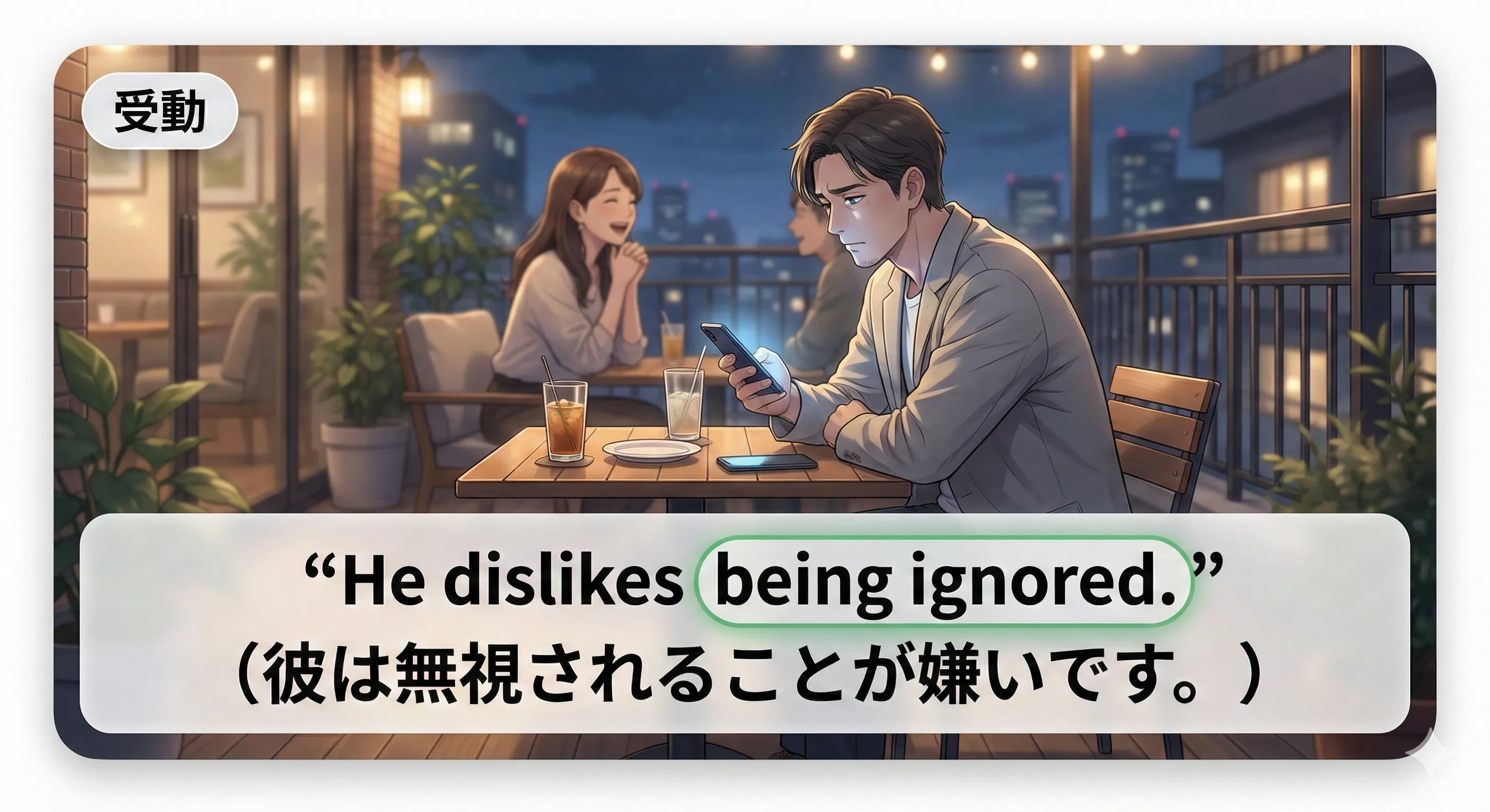 受動の動名詞：being + 過去分詞（being asked / being invited / being treated）で『〜されること』を表すイメージ図