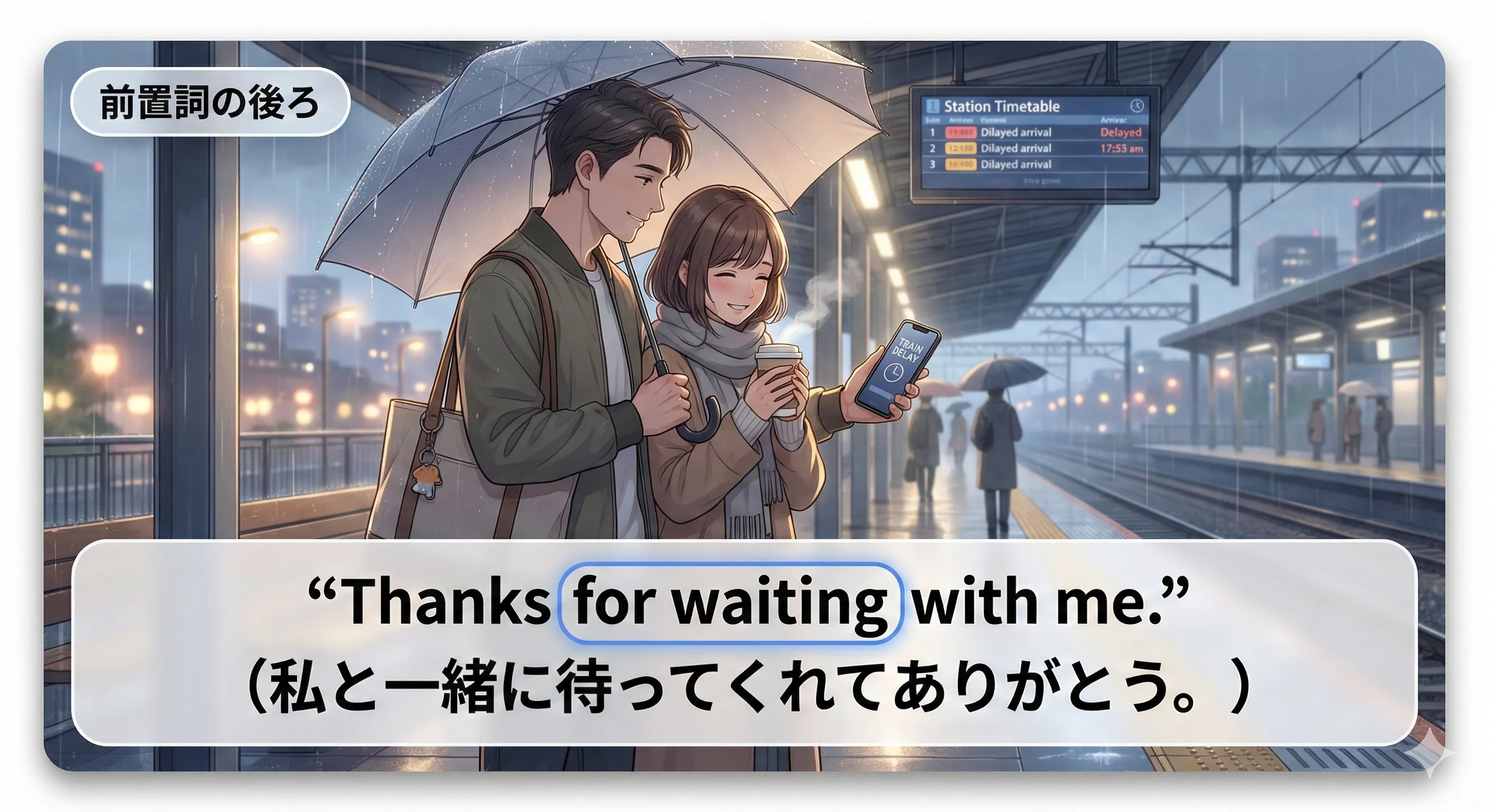 動名詞（V-ing）が前置詞の目的語になる：for / about / in / by / without / instead of / before / after / to などの後ろに置くイメージ図