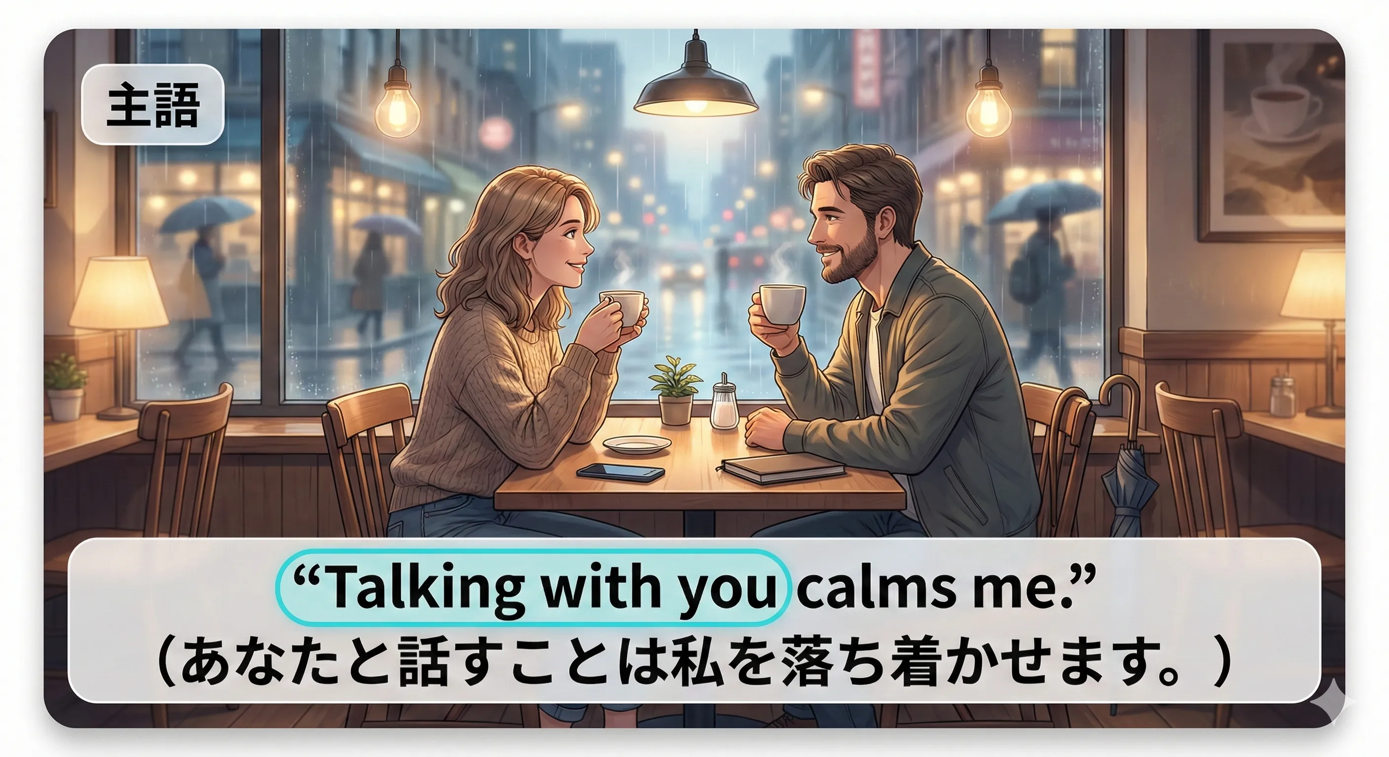 動名詞（V-ing）が主語になる：文頭に置いて『〜することは…』と話題を出すイメージ図