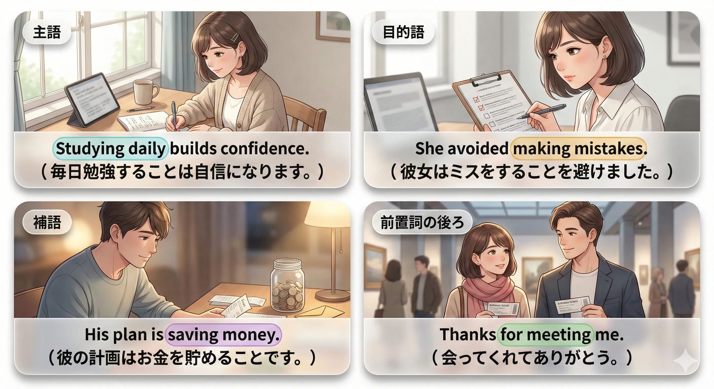 動名詞（V-ing）の要点：名詞の席に座る＋中身は動詞（目的語・副詞・完了・受動）をまとめてチェックする図