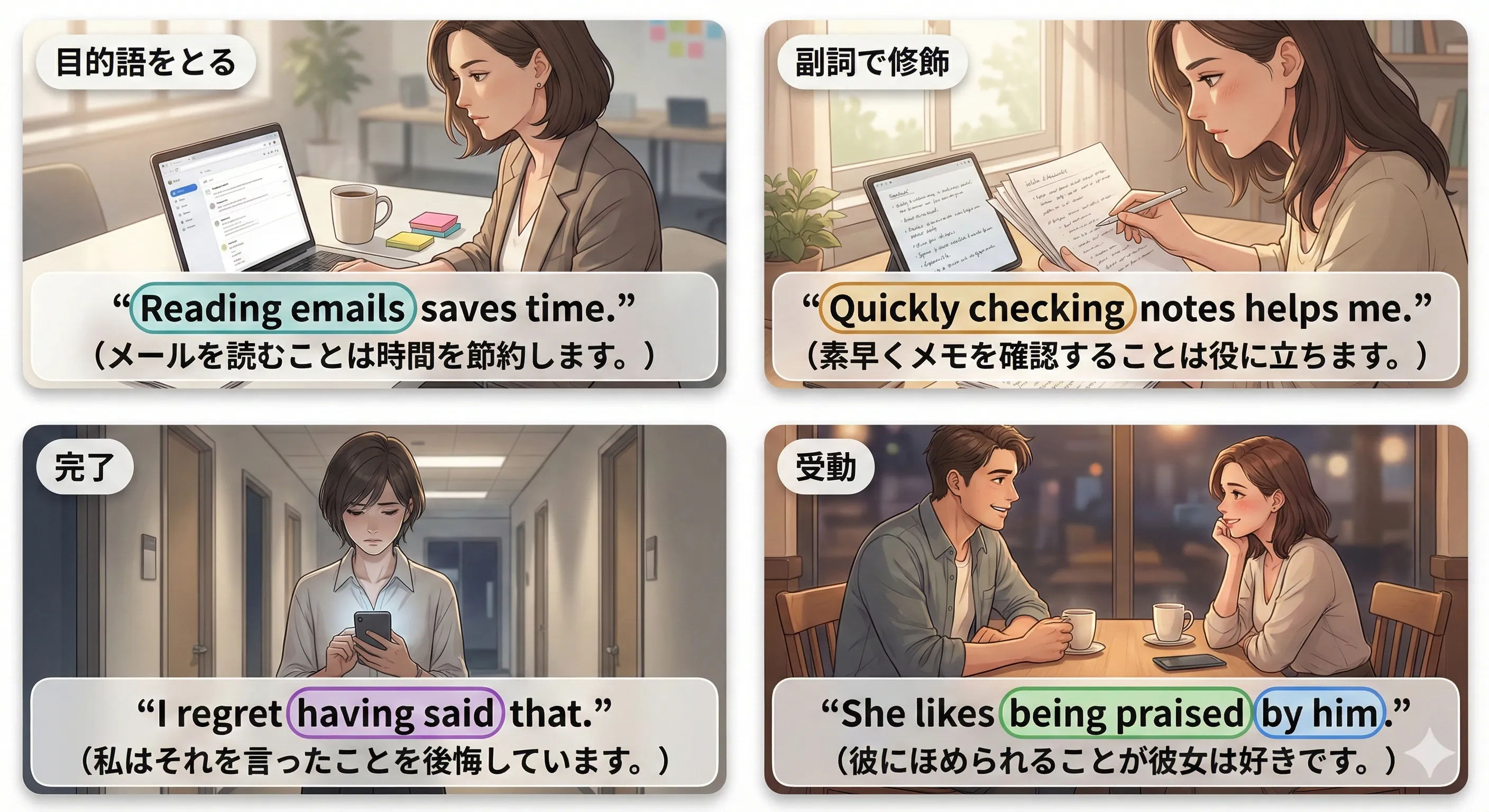 動名詞の動詞的性質：目的語・副詞修飾・完了（having + 過去分詞）・受動（being + 過去分詞）をまとめて整理する図