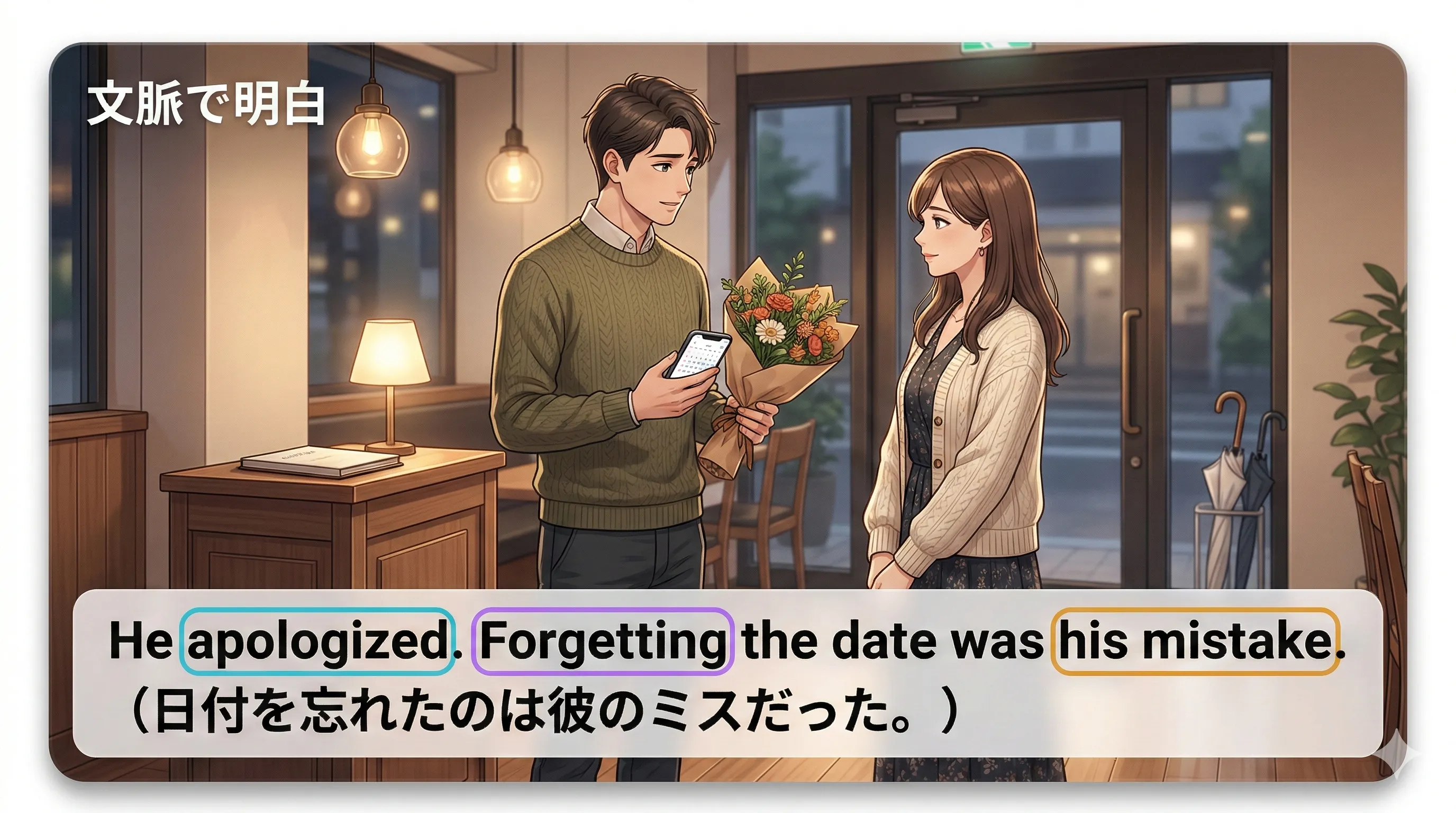 動名詞の意味上の主語：文脈から明らかなときは省略できるイメージ図