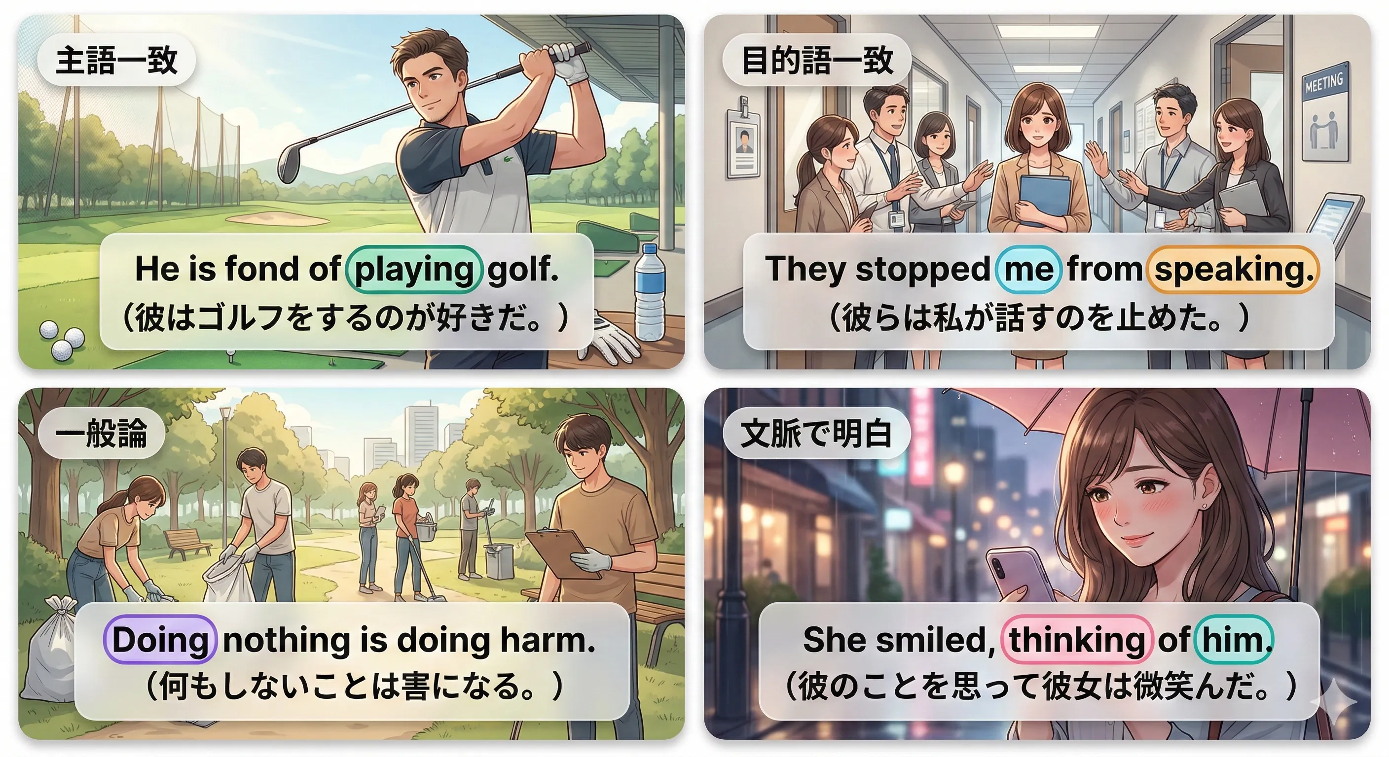 動名詞の意味上の主語：主語を明示しない（省略できる）4パターンのイメージ図