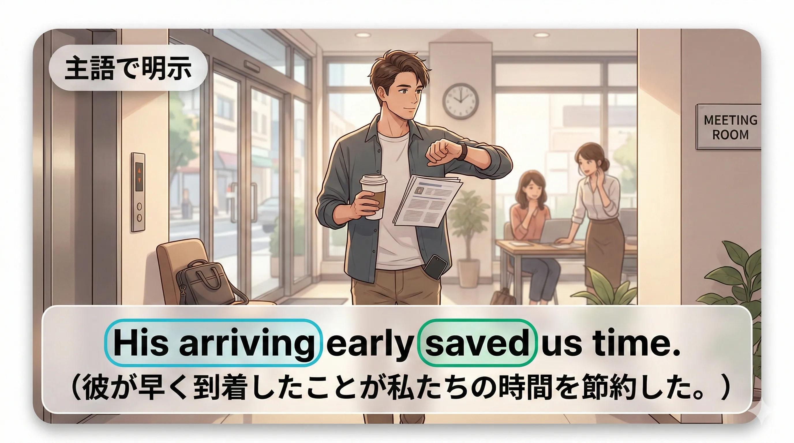 動名詞が文の主語になるとき：所有格 + V-ing（Their singing など）のイメージ図